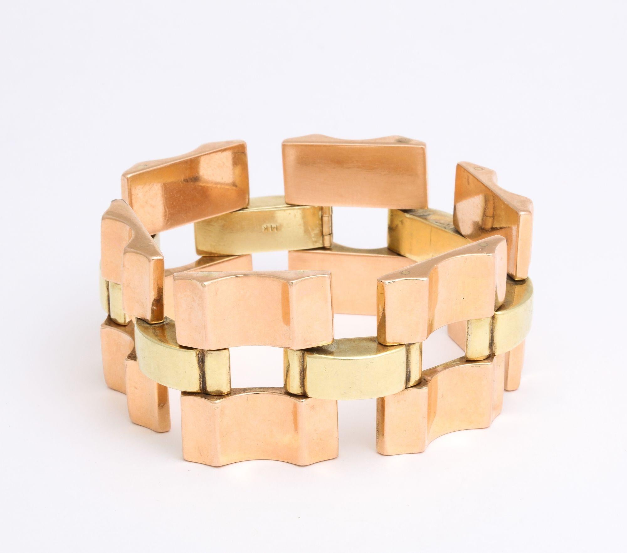 A classic  Exceptional Retro  Wide Open Link Bracelet in 14k Rose and Yellow Gold. A statement piece and very wearable.