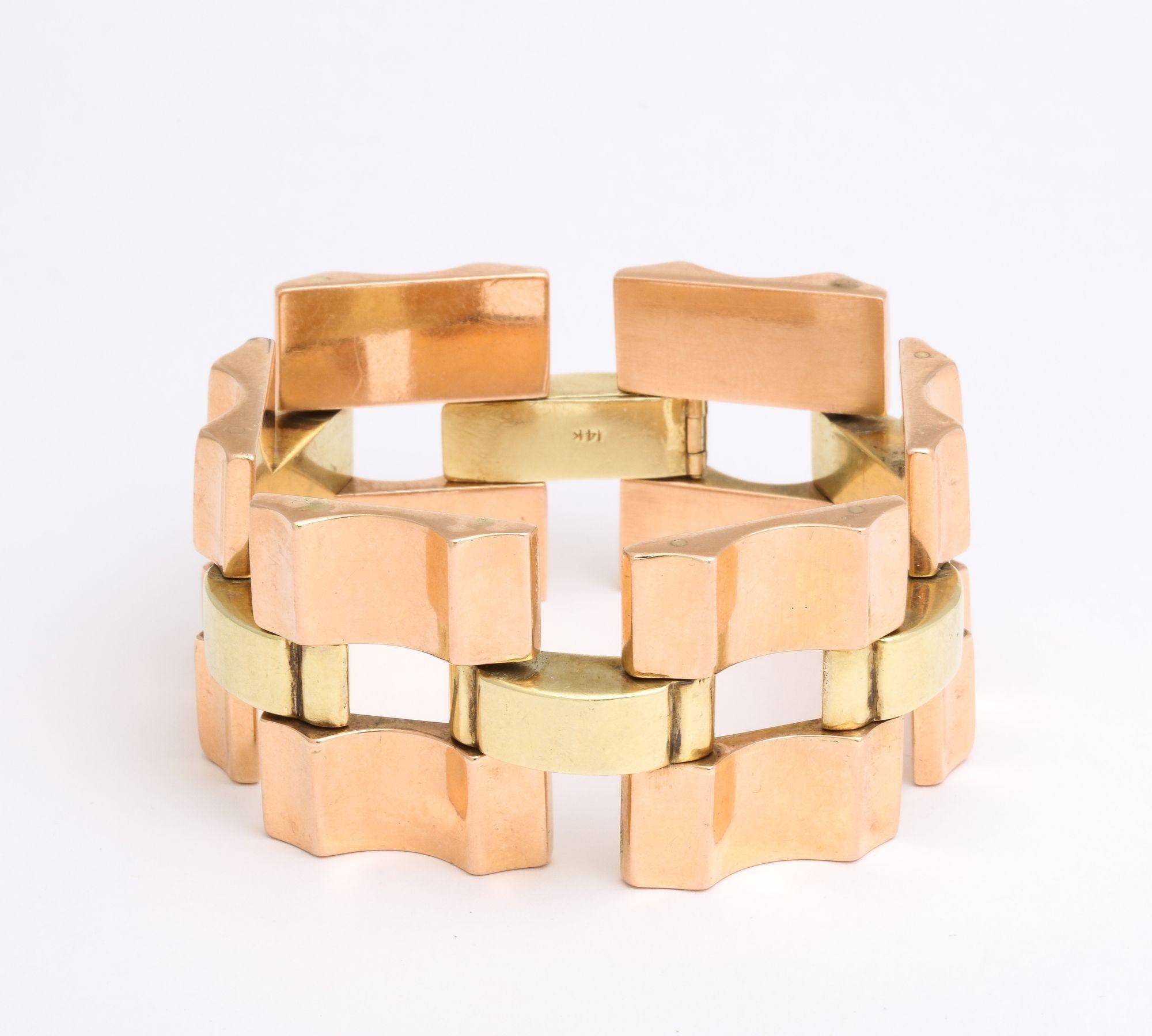 Wide Retro Two Color Gold  Open Link  14k Bracelet In Good Condition For Sale In New York, NY