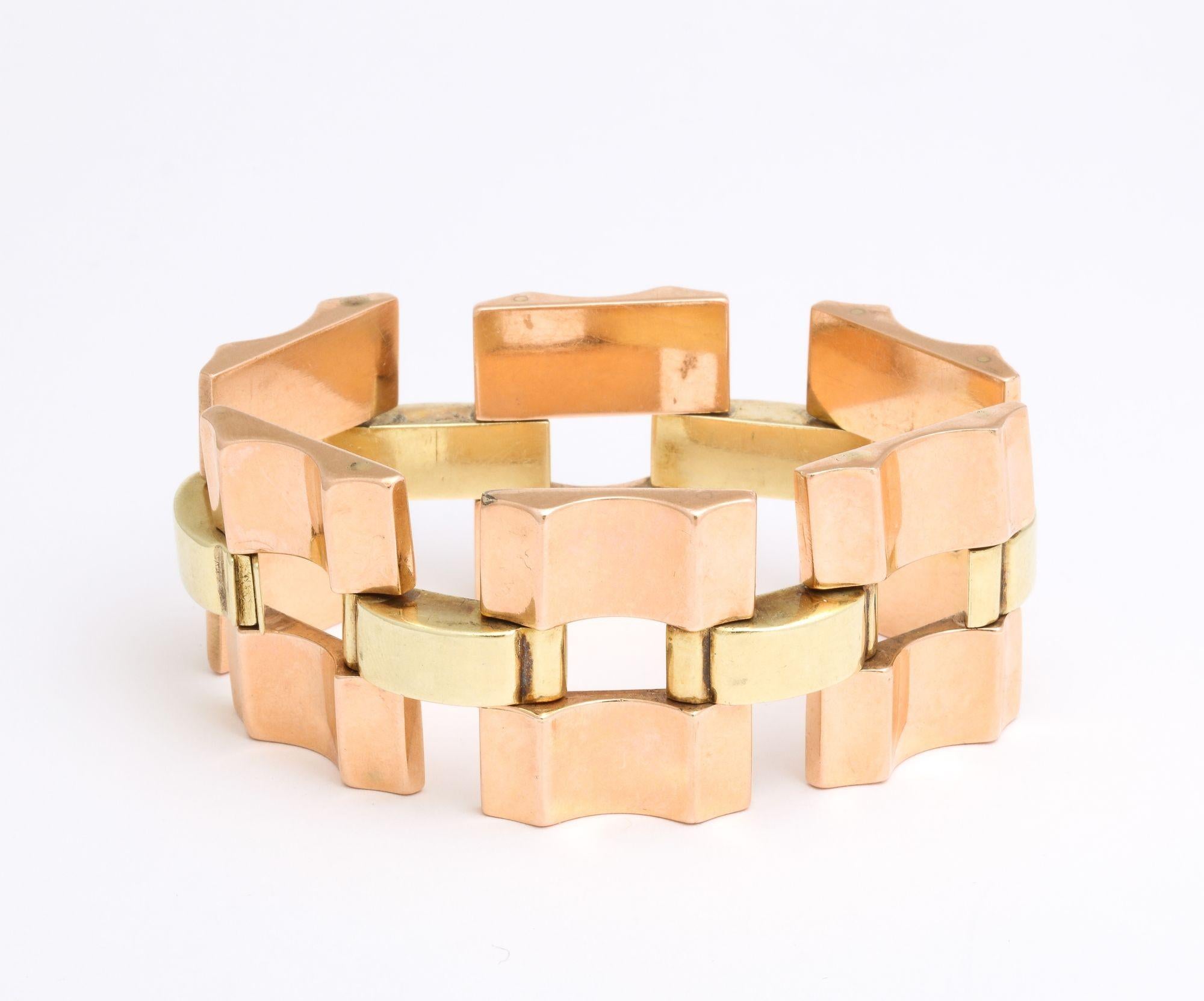 Women's Wide Retro Two Color Gold  Open Link  14k Bracelet For Sale