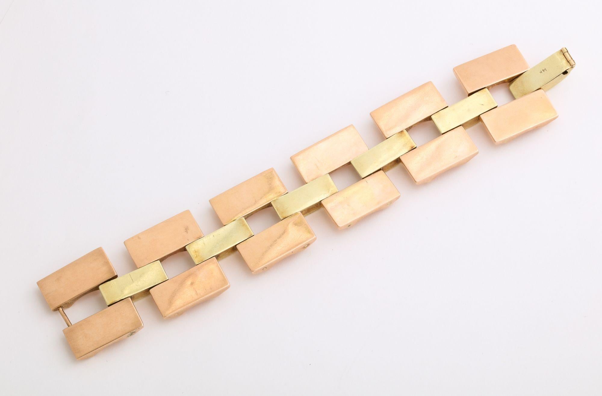 Wide Retro Two Color Gold  Open Link  14k Bracelet For Sale 1