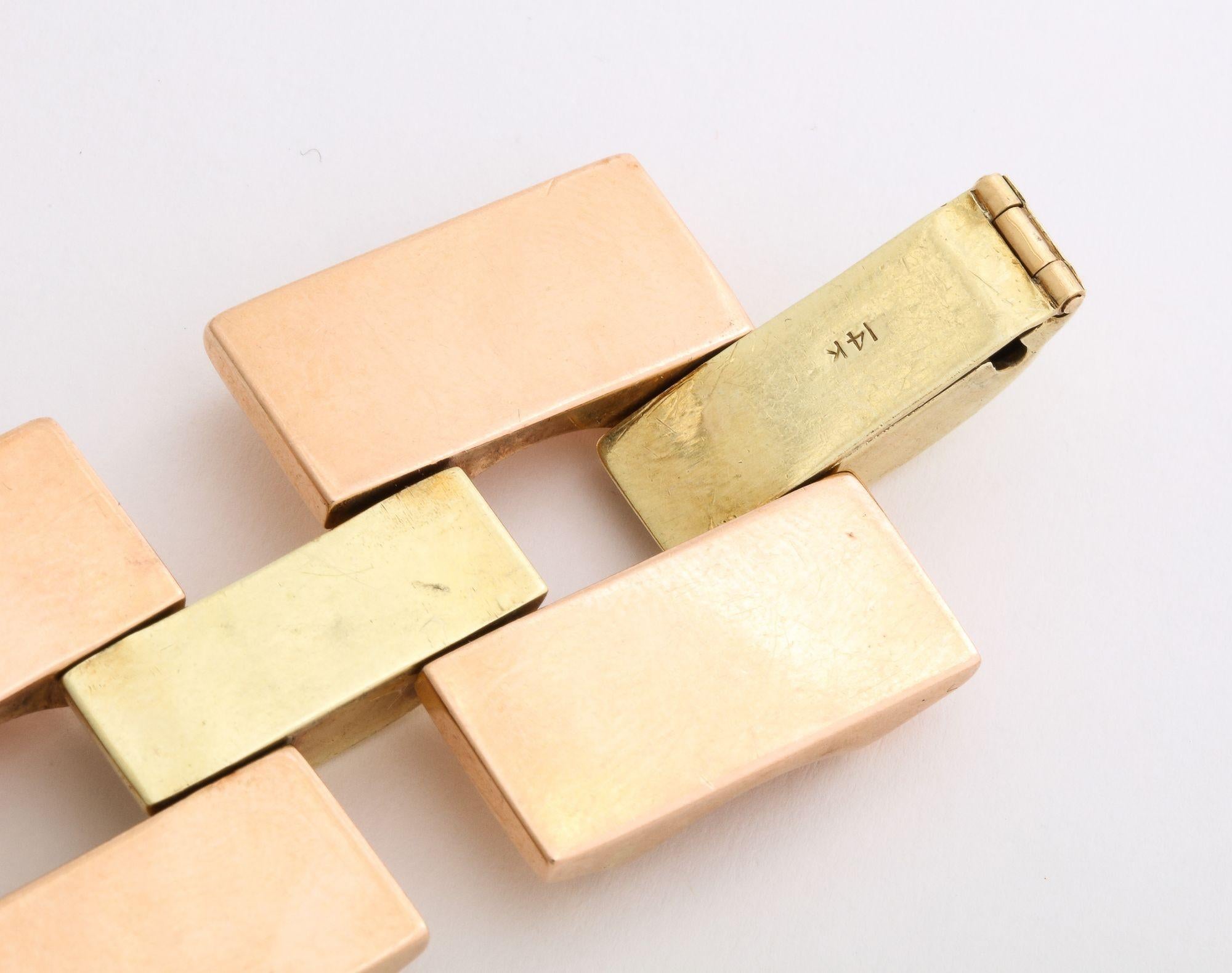 Wide Retro Two Color Gold  Open Link  14k Bracelet For Sale 2