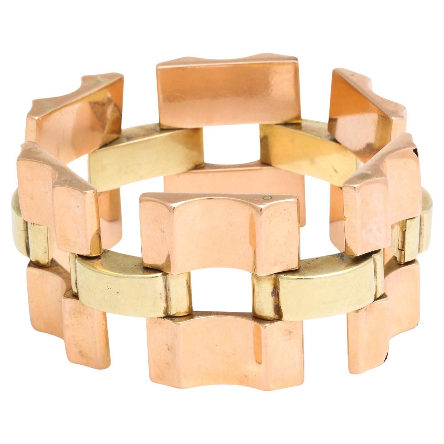 Wide Retro Two Color Gold  Open Link  14k Bracelet For Sale