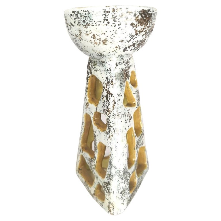 Brutalist Openwork Yellow Triangular Ceramic Candle Holder 1960s For