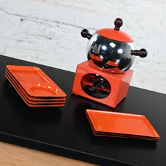 Retro Orange Emaille & Chrom Fondue Topf & 7 Serviertabletts Schwarz & Orange Kunststoff Schwarz & Orange