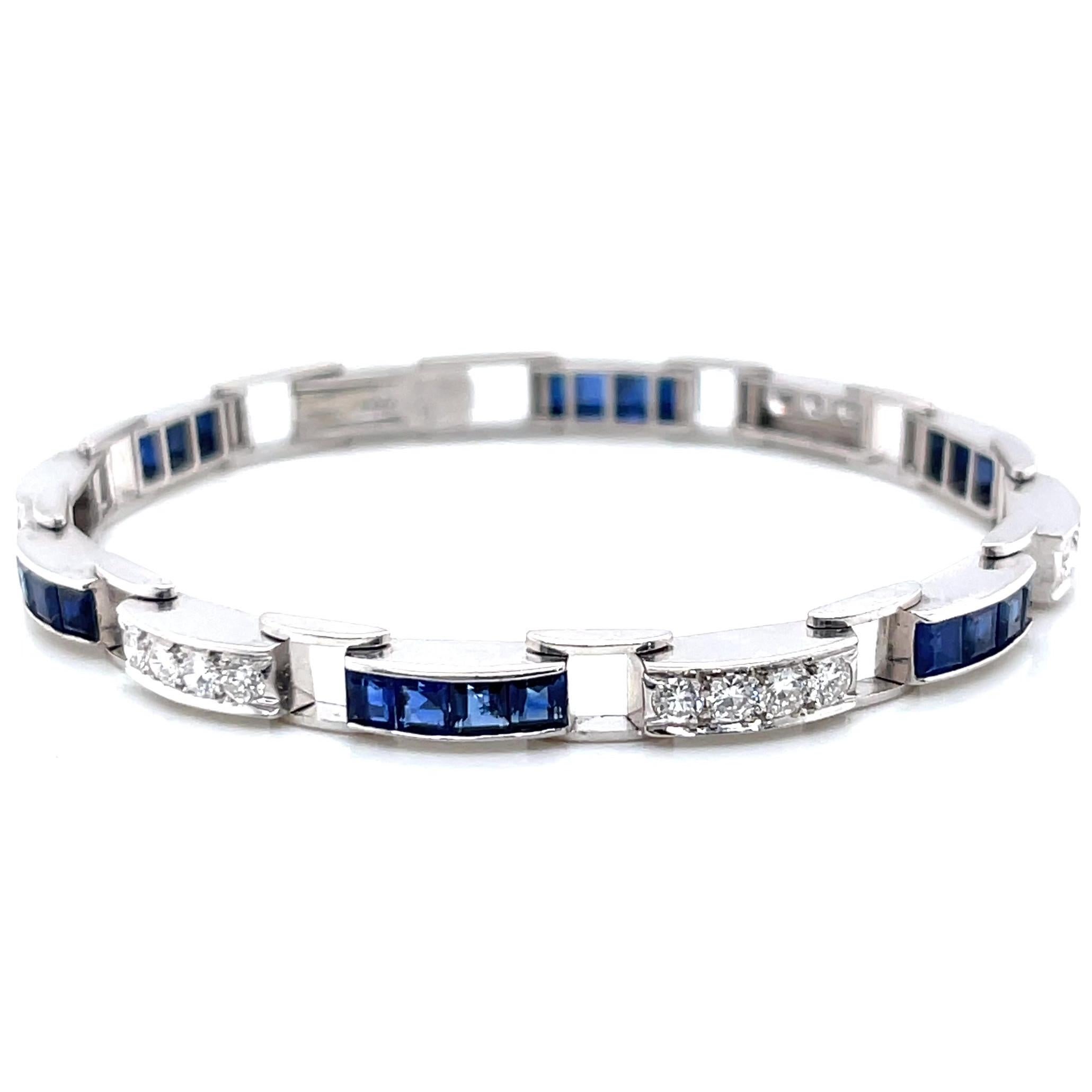 Square Cut Retro Oscar Heyman Diamond Sapphire Platinum Bracelet
