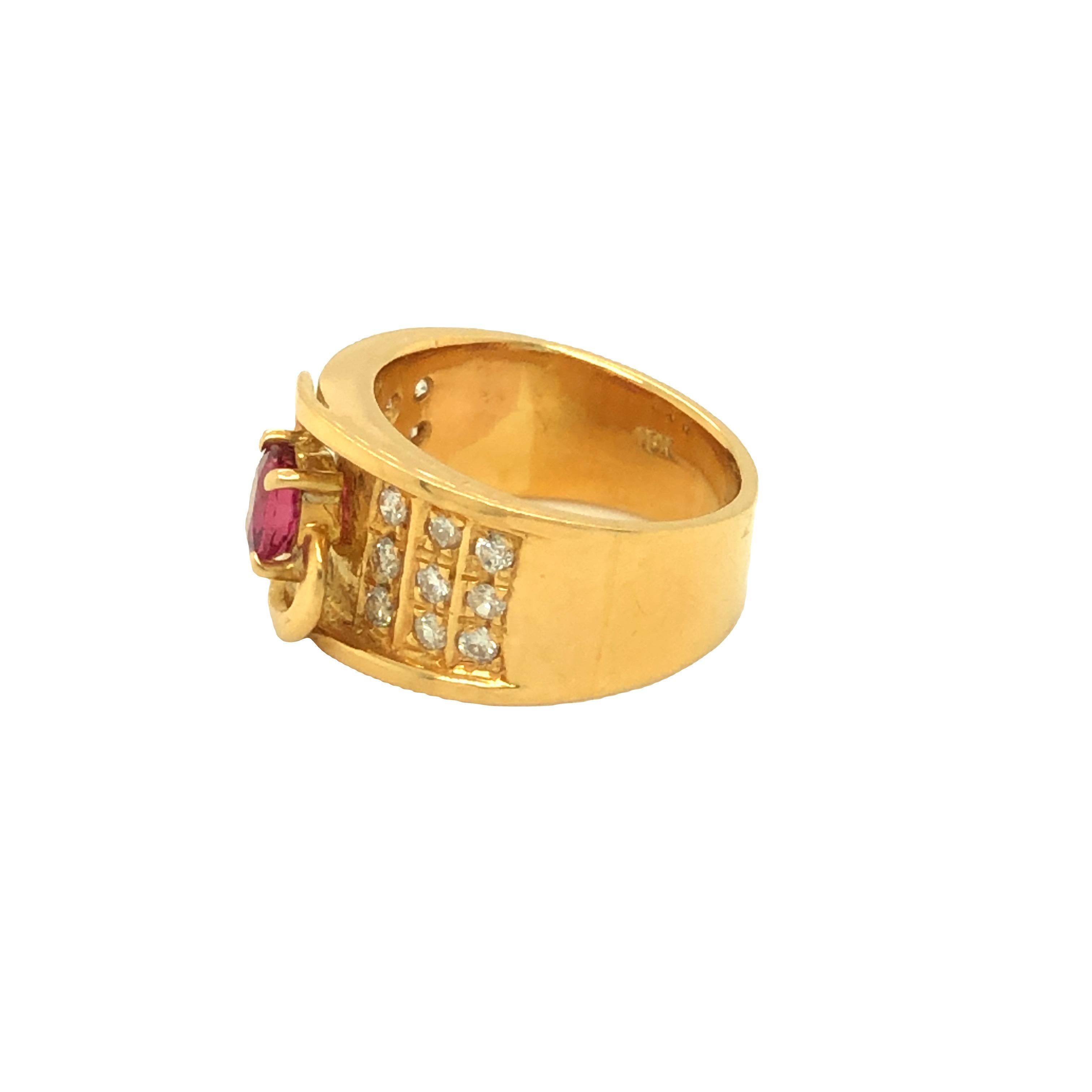 Oval Cut Retro Oval Shaped Ruby and Round Diamond Wide Band 18K Yellow Gold For Sale