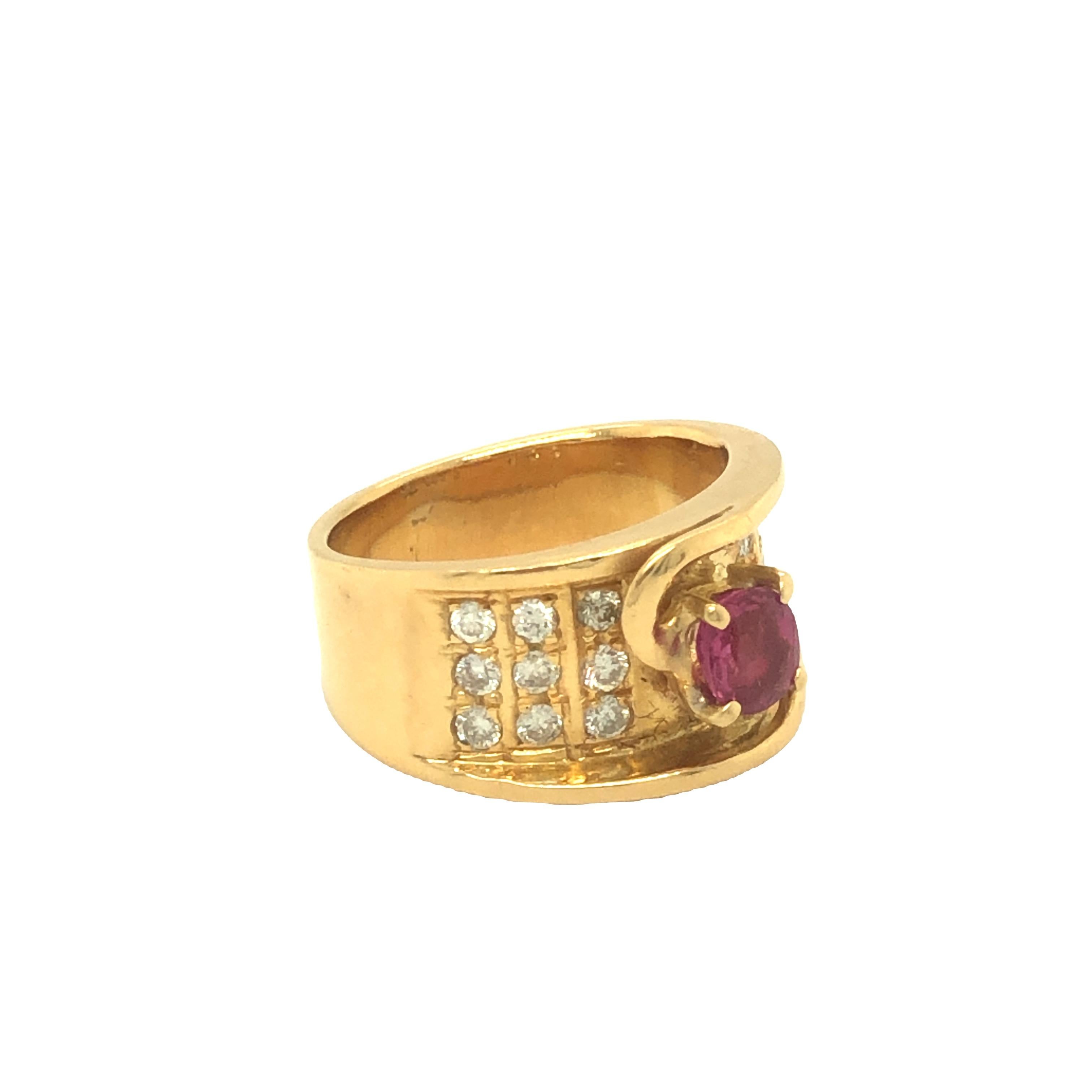 Retro Oval Shaped Ruby and Round Diamond Wide Band 18K Yellow Gold For Sale 1