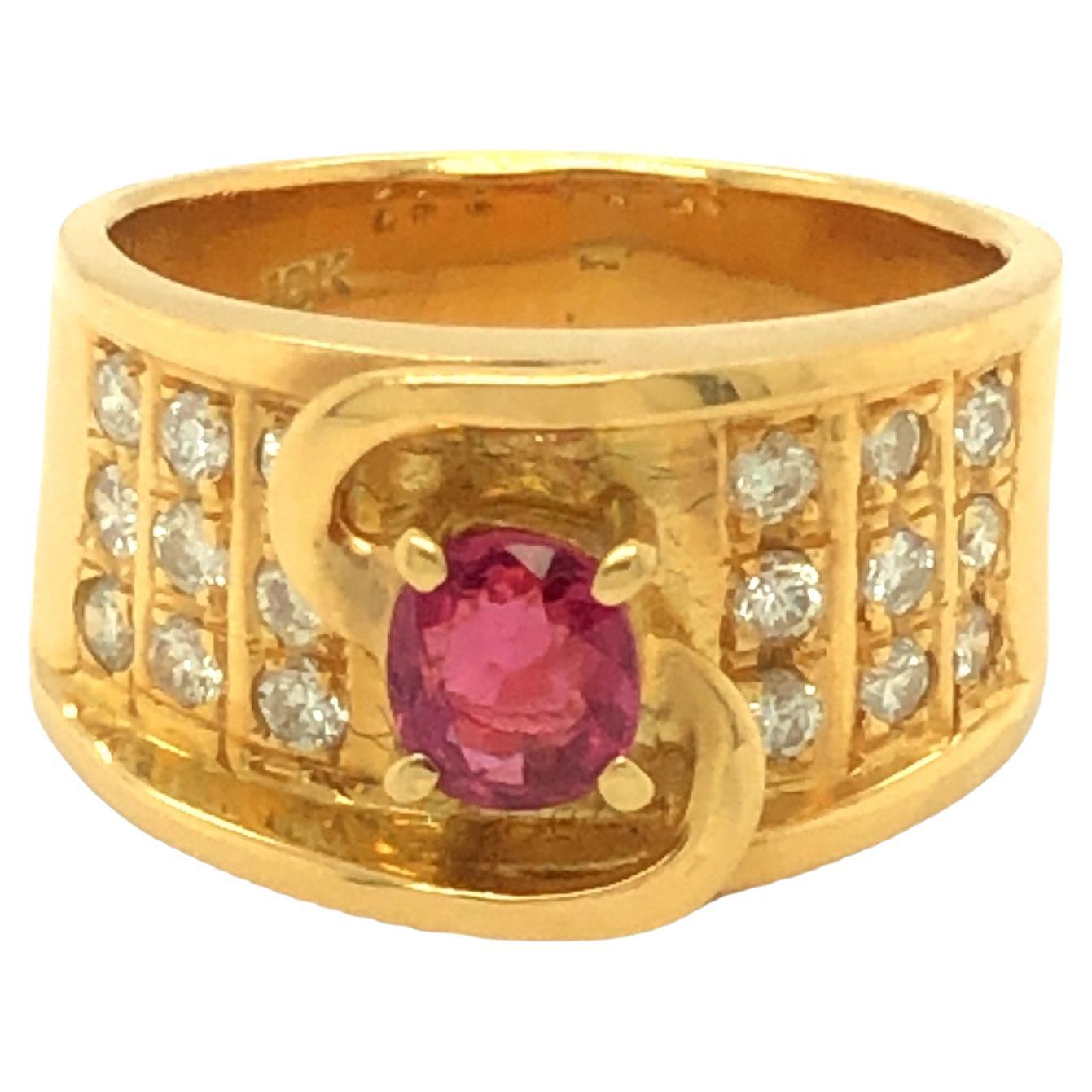 Retro Oval Shaped Ruby and Round Diamond Wide Band 18K Yellow Gold