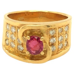 Retro Oval Shaped Ruby and Round Diamond Wide Band 18K Yellow Gold
