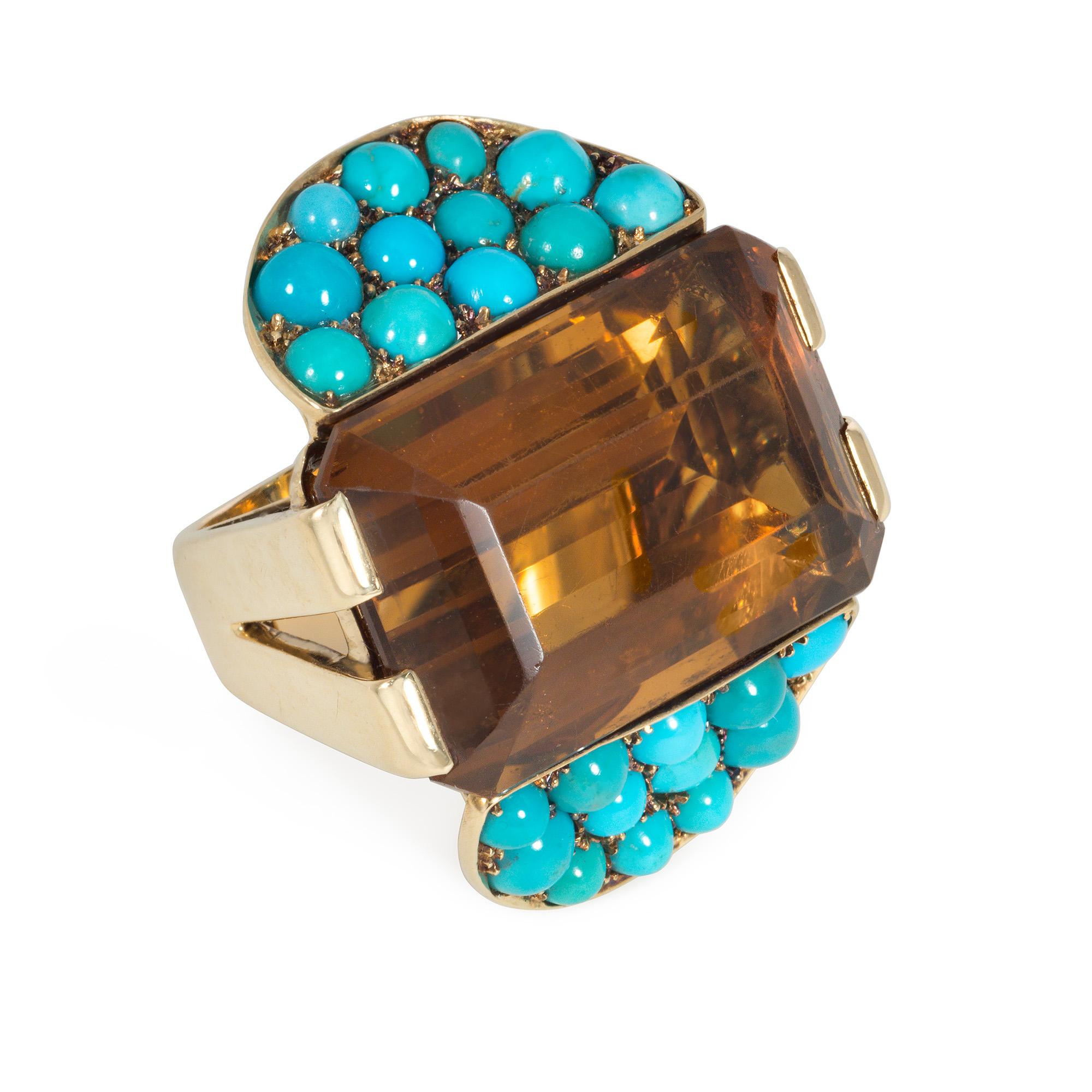 An oversized Retro gold, citrine, and turquoise cocktail ring comprised of a large emerald-cut citrine set horizontally and vertically flanked by two demi-lune angled panels of pavé turquoise, in 14k.  Atw citrine 35.00 cts.  Face up dimensions: 1