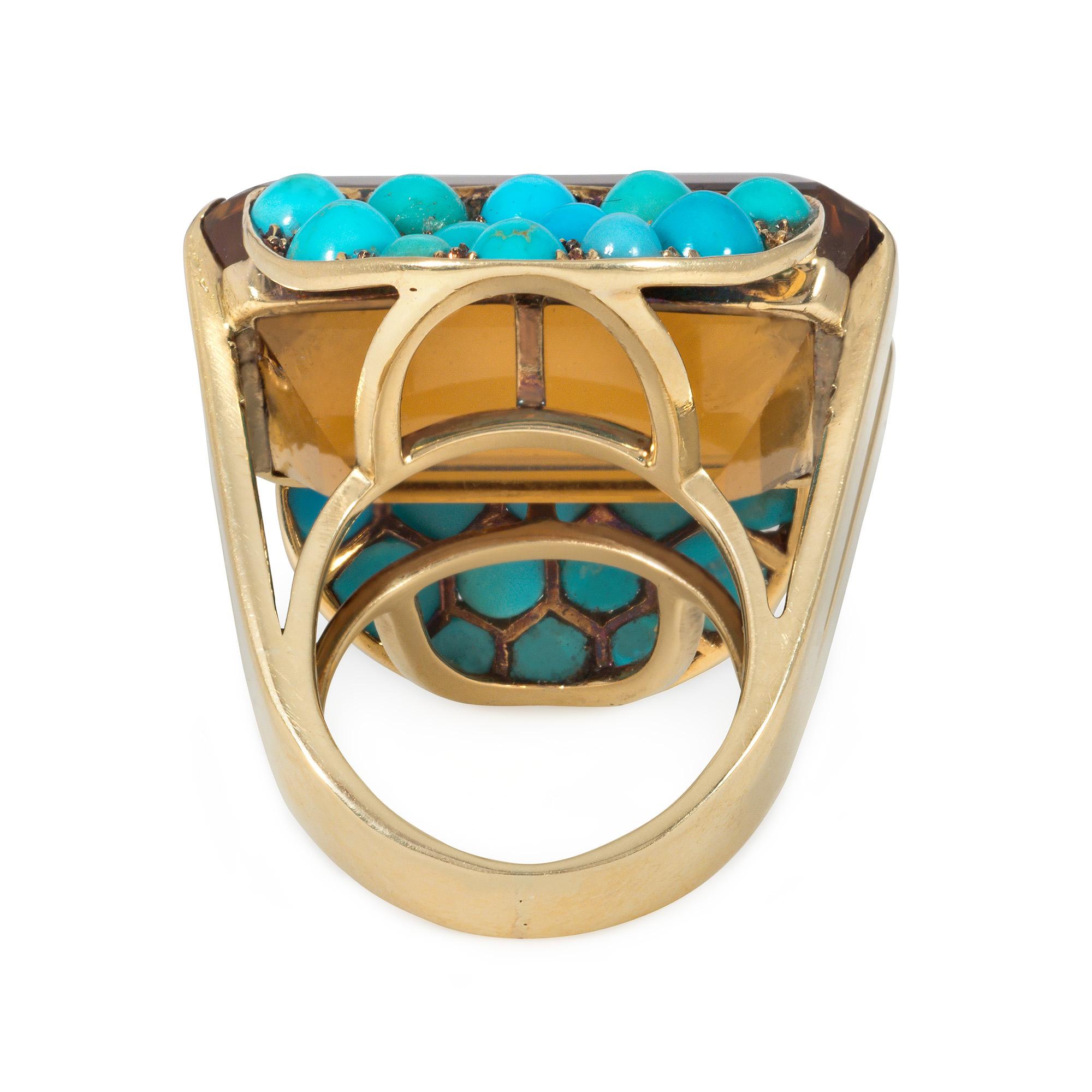 Retro Oversized Gold, Citrine, and Turquoise Cocktail Ring In Good Condition For Sale In New York, NY