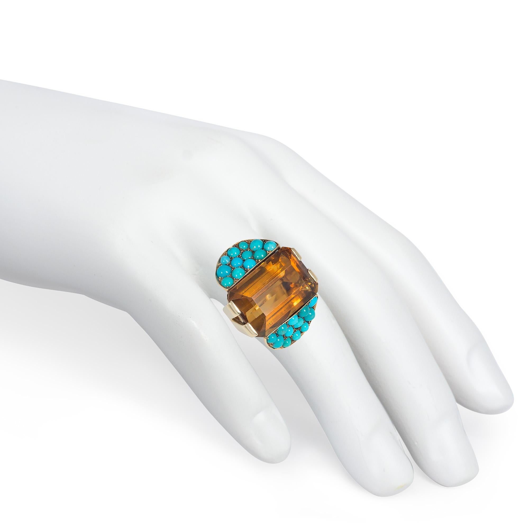 Women's or Men's Retro Oversized Gold, Citrine, and Turquoise Cocktail Ring For Sale
