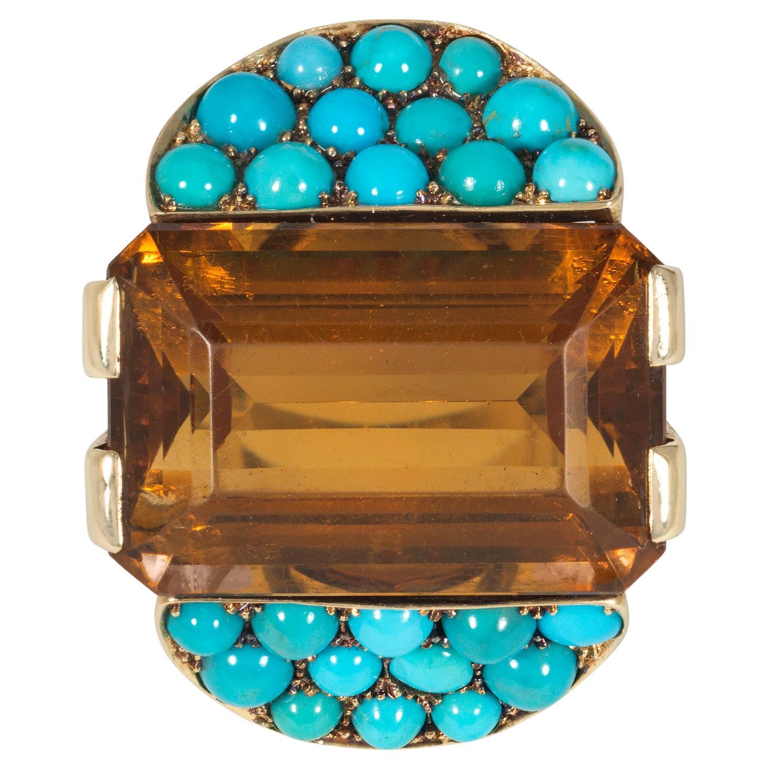Retro Oversized Gold, Citrine, and Turquoise Cocktail Ring For Sale