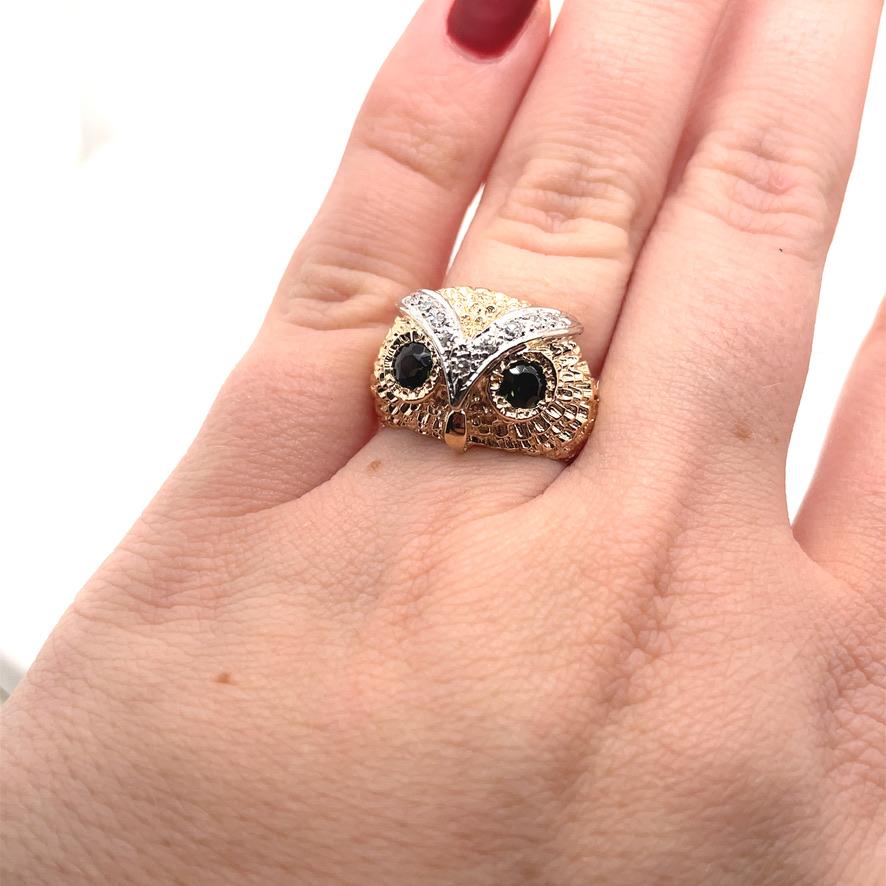 Retro Owl Diamond Tourmaline Gold Ring