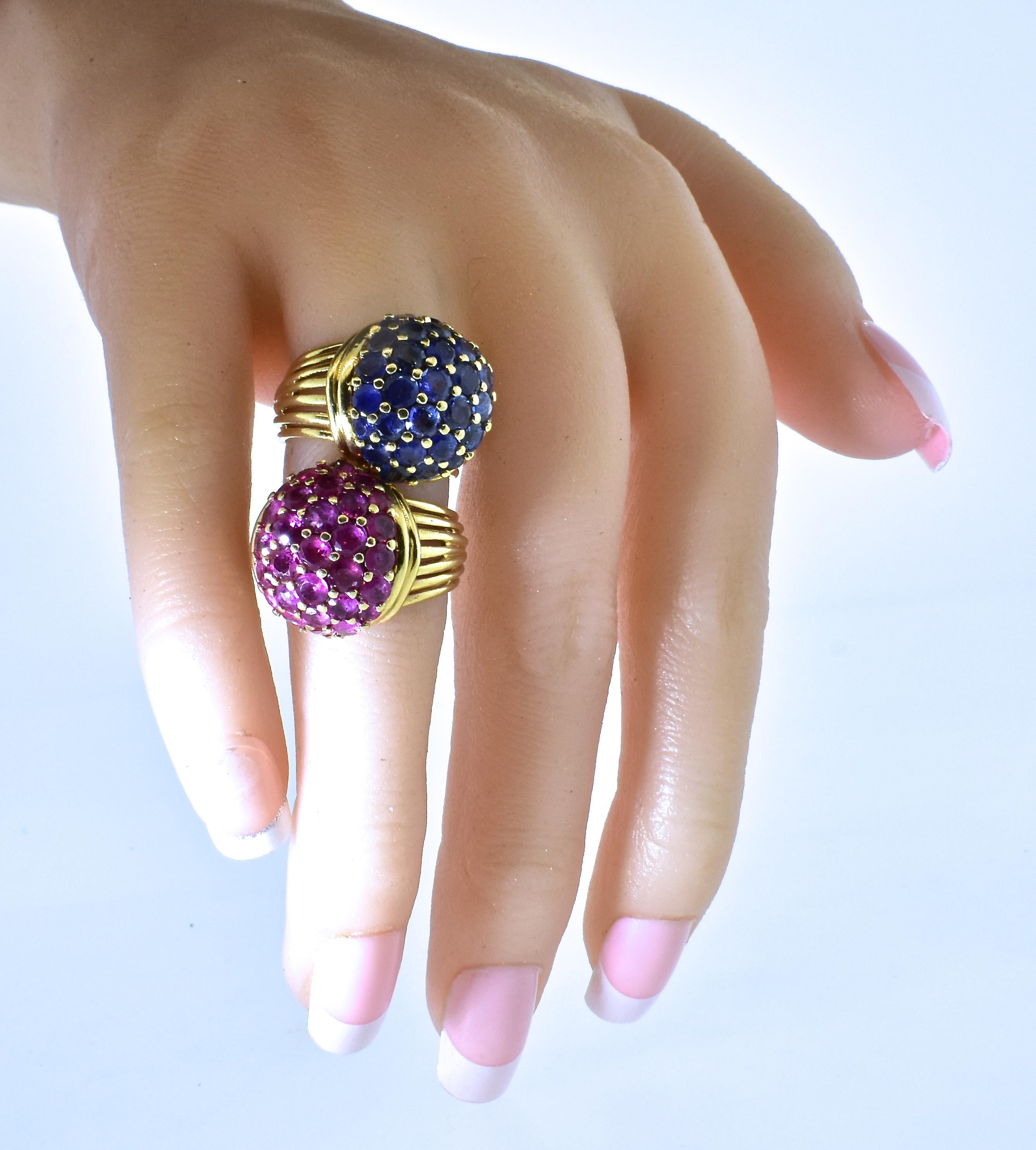 Retro Sapphire and Rubies Dome Style Vintage Yellow Gold Rings, circa 1955, Pair 4