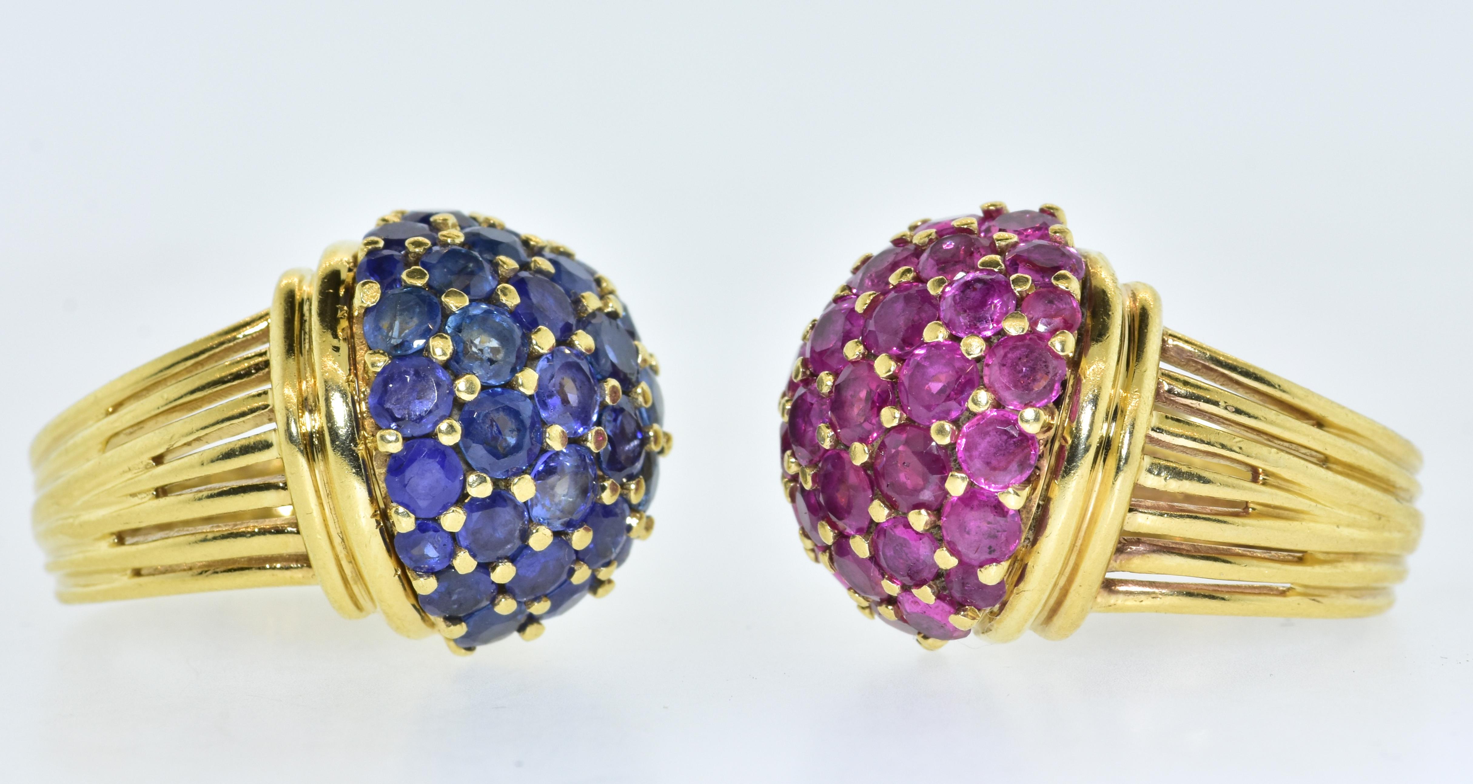 Ruby and Sapphire matching yellow gold rings.  The ruby ring has 29 fine natural bright vivid red natural rubies, very sightly included and all the round brilliant cut rubies are well matched in color and clarity.  These stones are estimated to