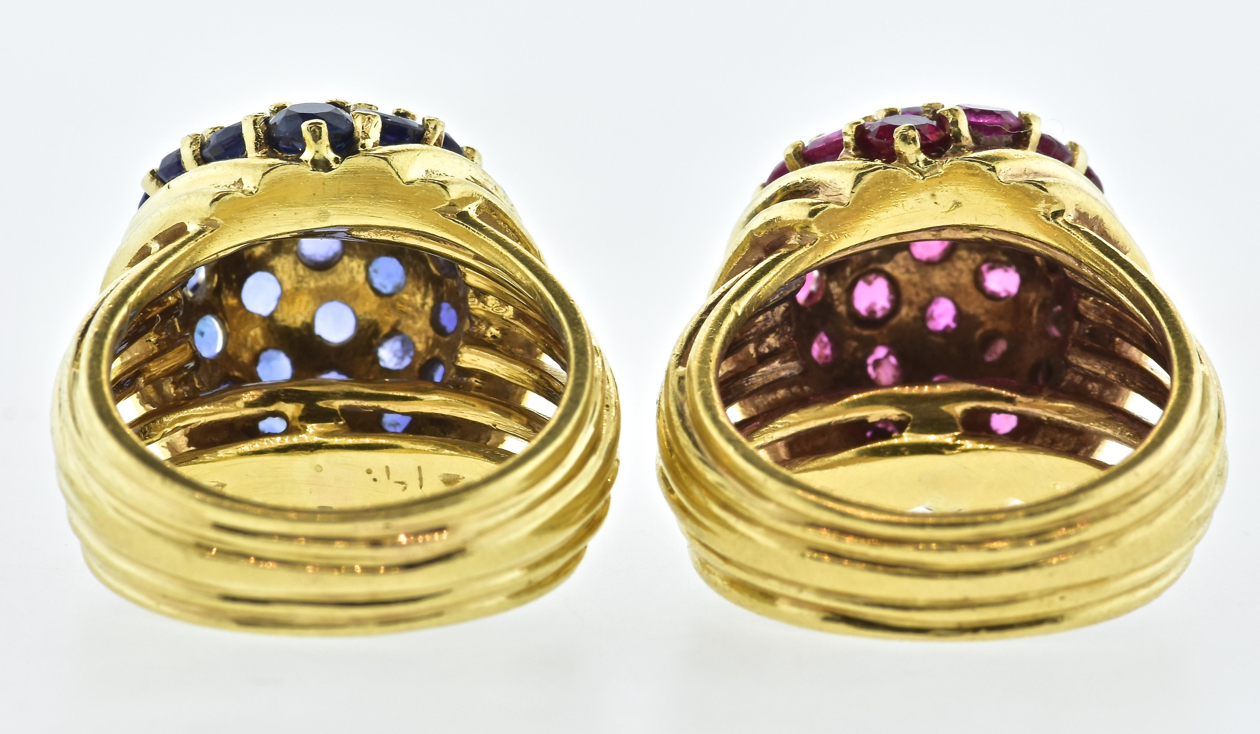 Brilliant Cut Retro Sapphire and Rubies Dome Style Vintage Yellow Gold Rings, circa 1955, Pair