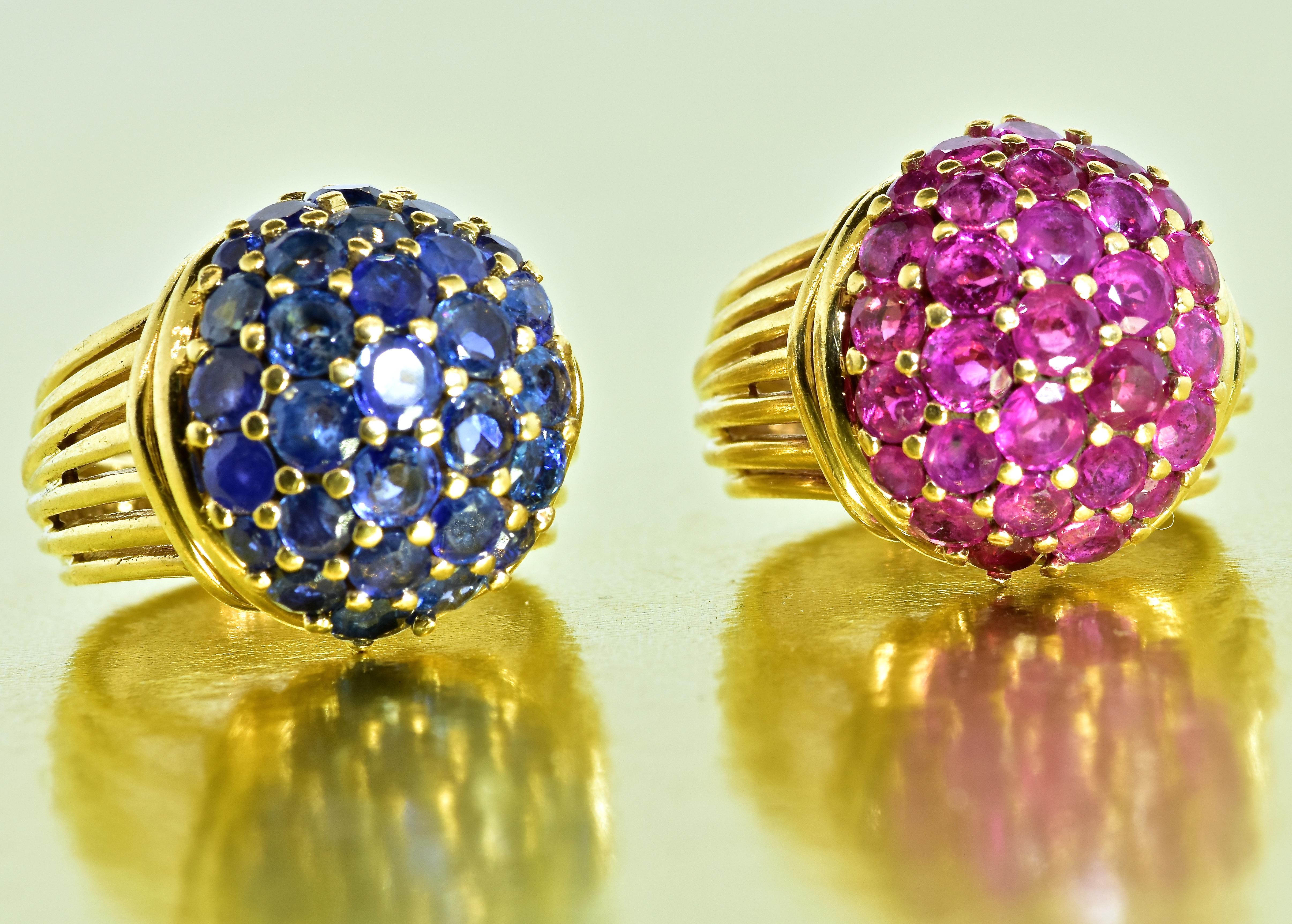 Retro Sapphire and Rubies Dome Style Vintage Yellow Gold Rings, circa 1955, Pair In Excellent Condition In Aspen, CO