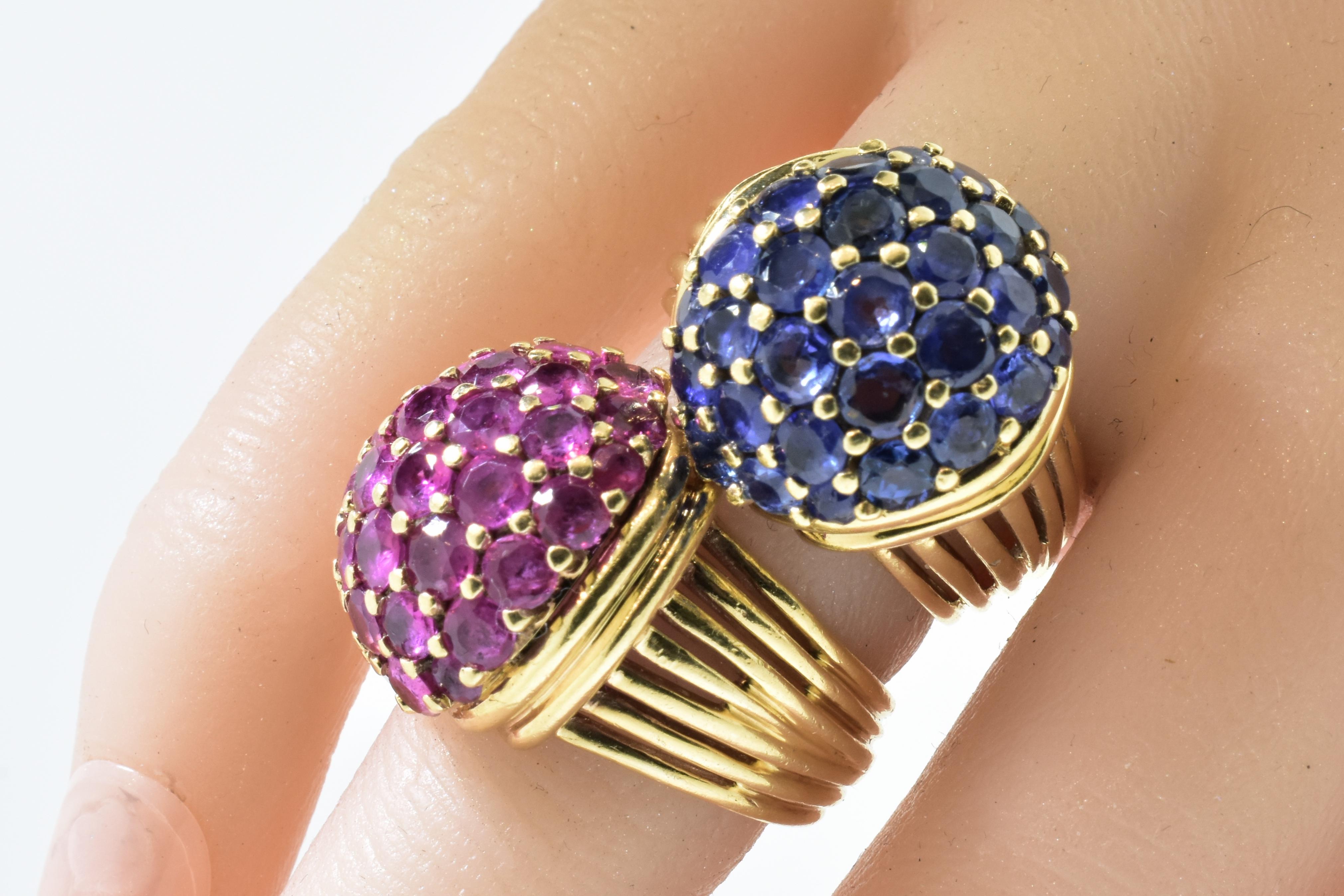 Retro Sapphire and Rubies Dome Style Vintage Yellow Gold Rings, circa 1955, Pair 1