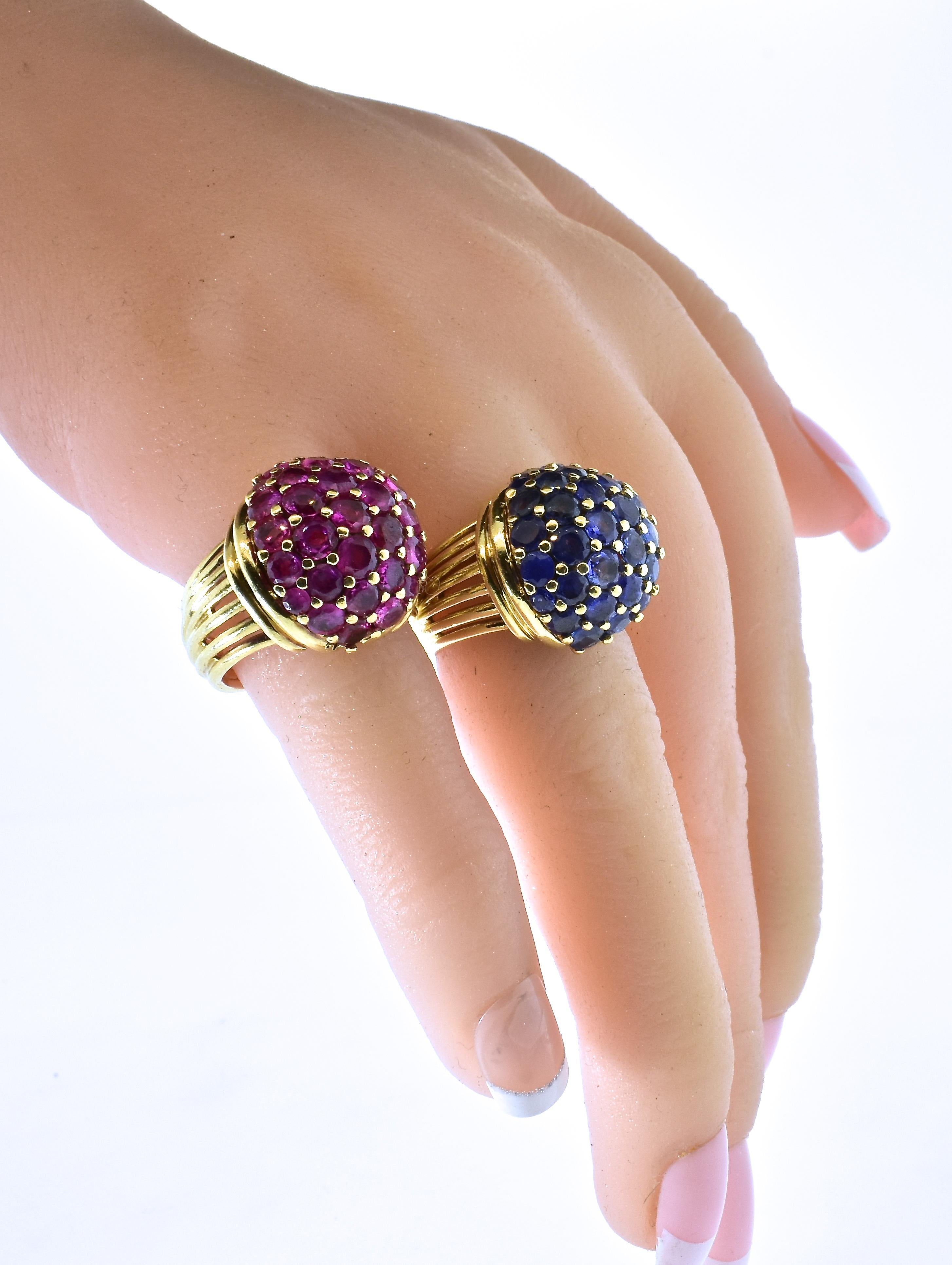 Retro Sapphire and Rubies Dome Style Vintage Yellow Gold Rings, circa 1955, Pair 3