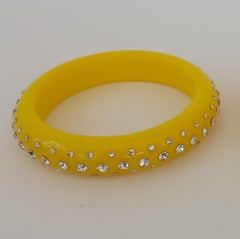 Retro Pair Yellow Bakelite 3 row Rhinestone Pave Bangle Bracelet- circa 1950s