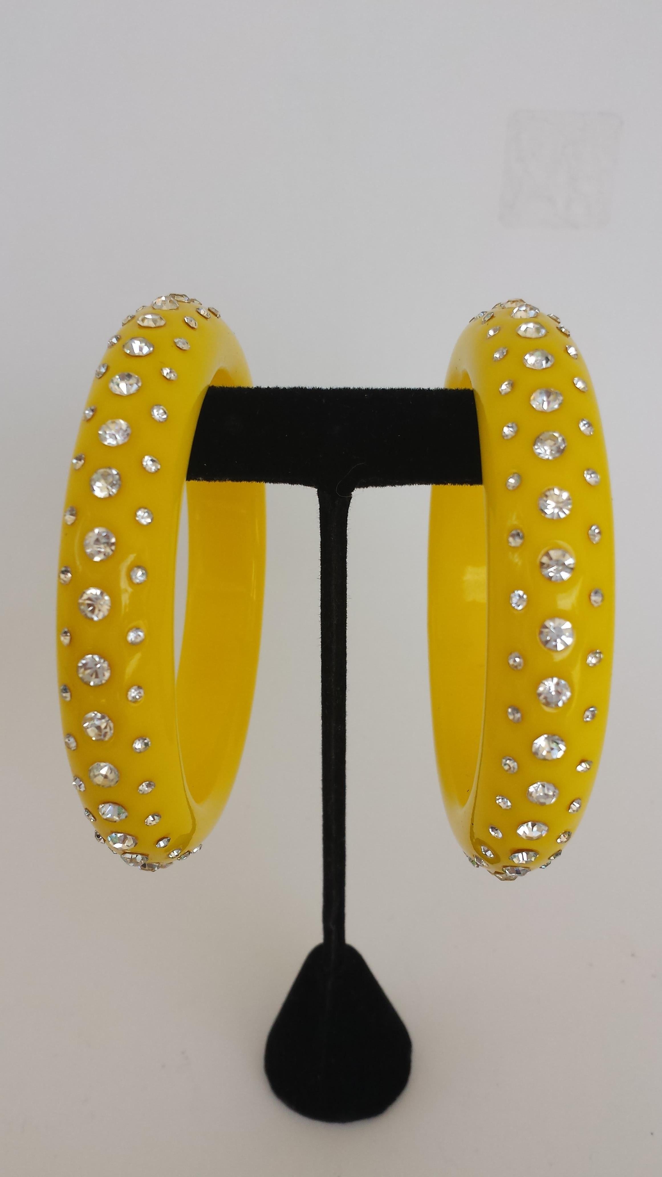 Women's Retro Pair Yellow Bakelite 3 row Rhinestone Pave Bangle Bracelet- circa 1950s For Sale