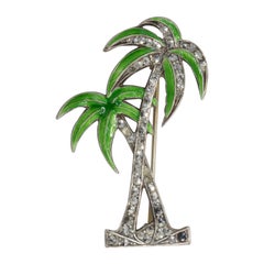 Retro Palm Tree Sterling Silver Pin Brooch, Marcasite Crystals and Green Enamel