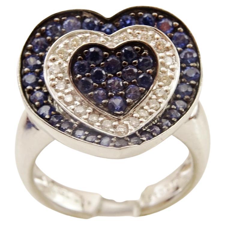 Retro Pave 18 karat White Gold Diamond and Sapphire Ring For Sale