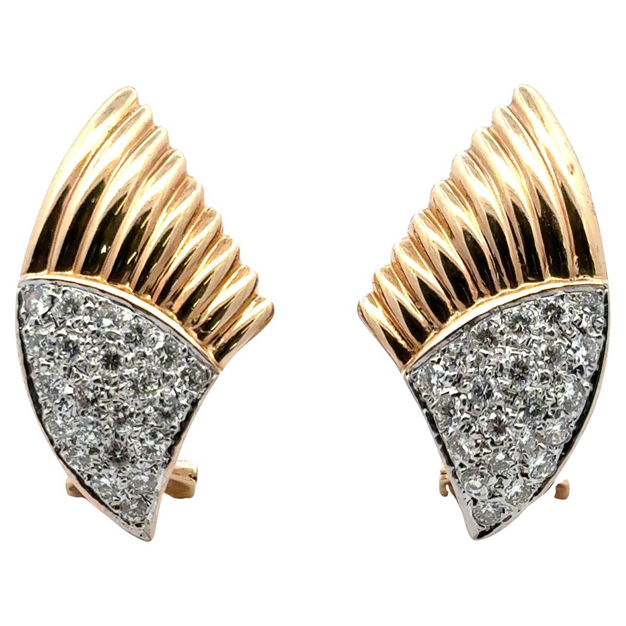 Retro Pavé Diamond 14 Karat Yellow Gold Wing Vintage Lever-Back Earrings For Sale