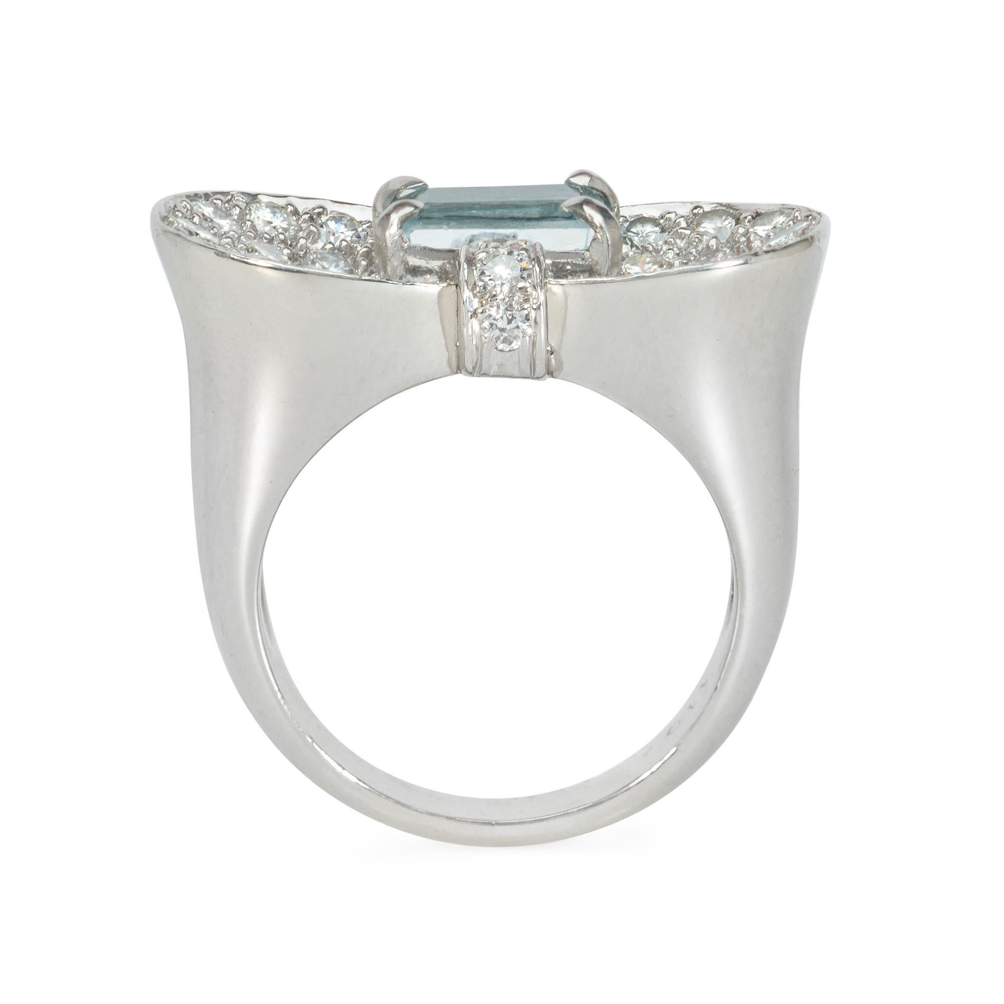 Emerald Cut Retro Pavé Diamond, Aquamarine, and Platinum Ring of Concave Panel Design For Sale