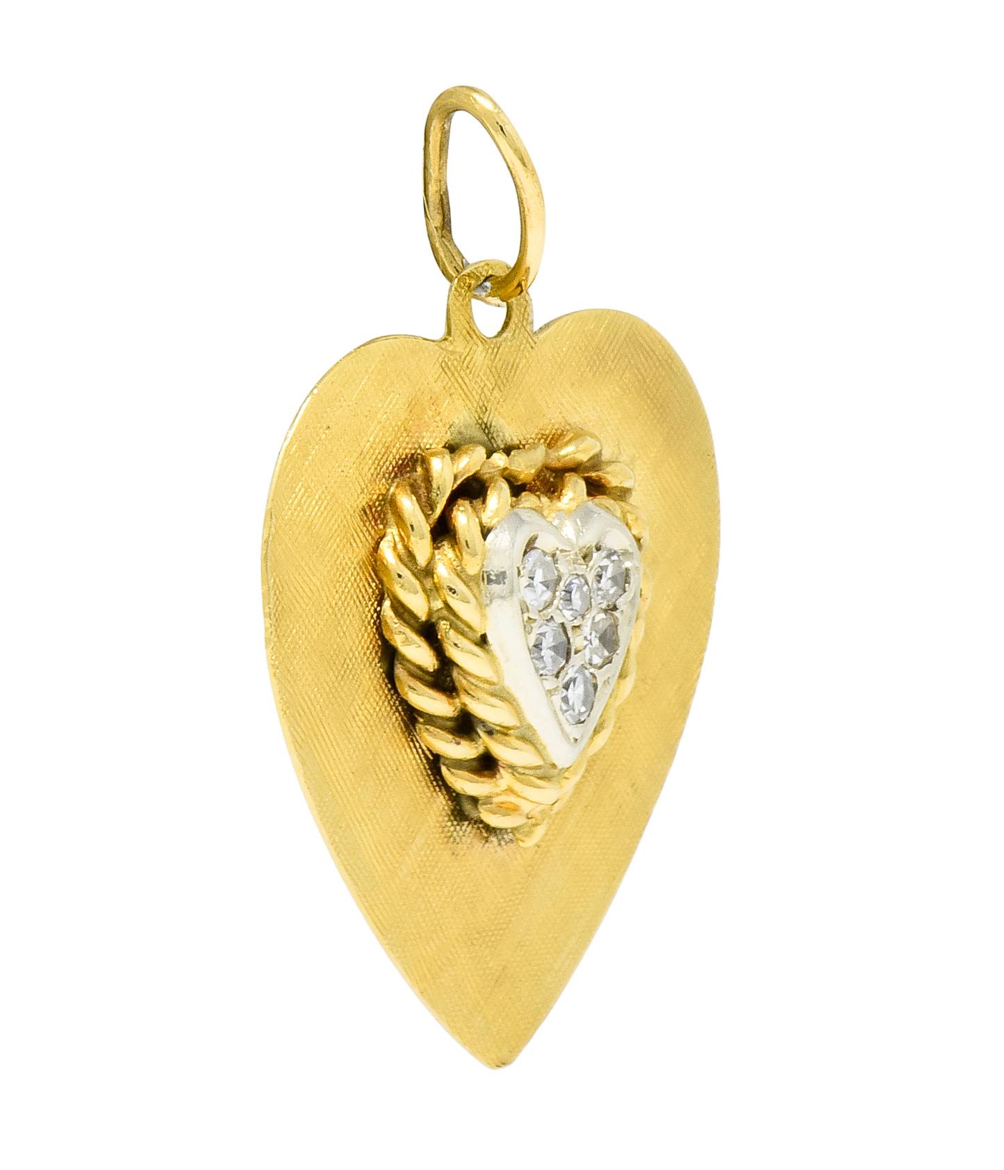 Retro Pave Diamond Platinum-Topped 14 Karat Gold Heart Charm In Excellent Condition In Philadelphia, PA