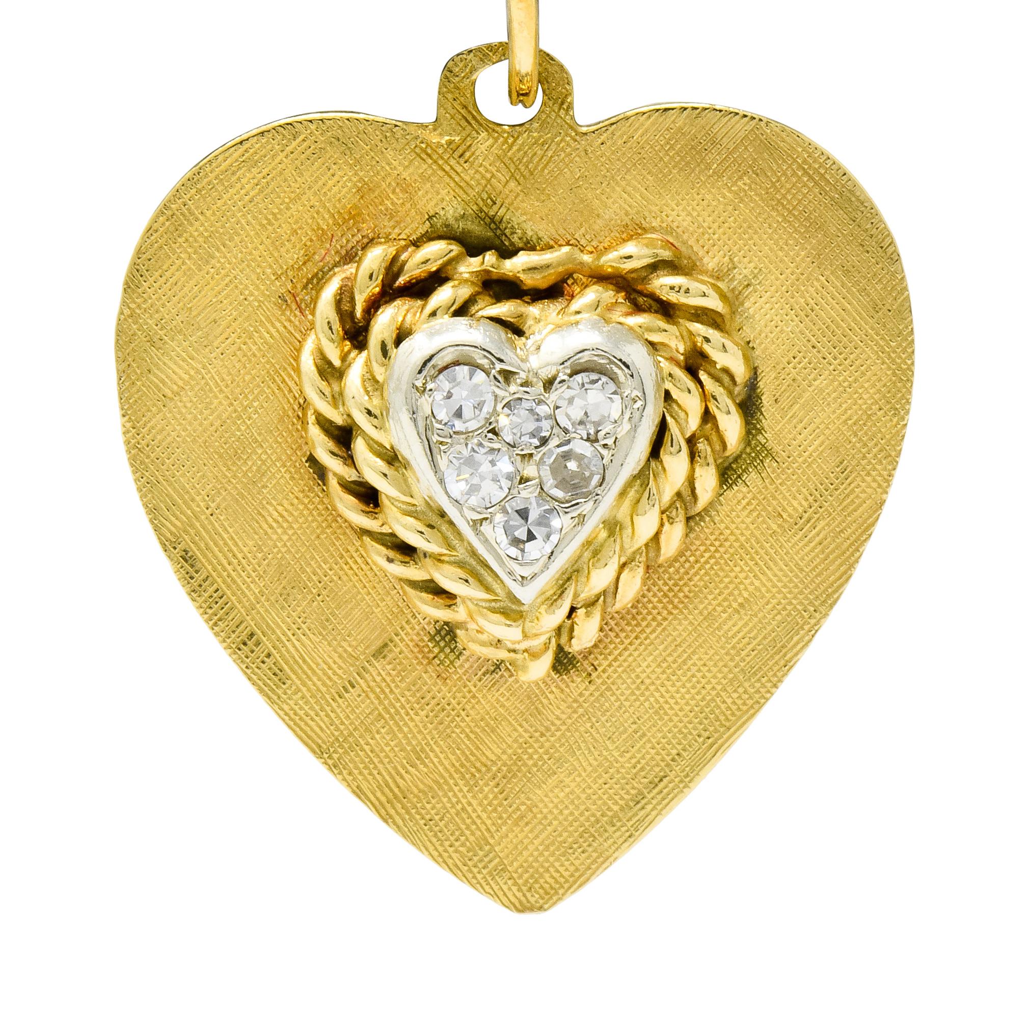 Retro Pave Diamond Platinum-Topped 14 Karat Gold Heart Charm 2