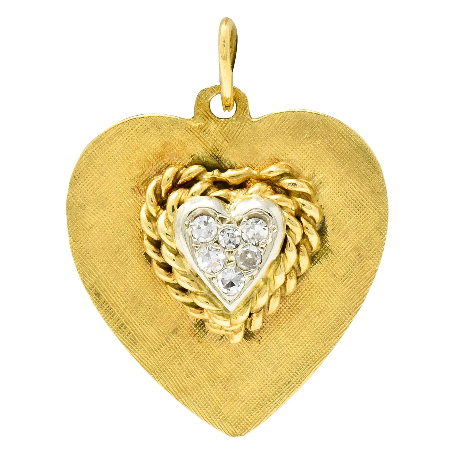 Retro Pave Diamond Platinum-Topped 14 Karat Gold Heart Charm