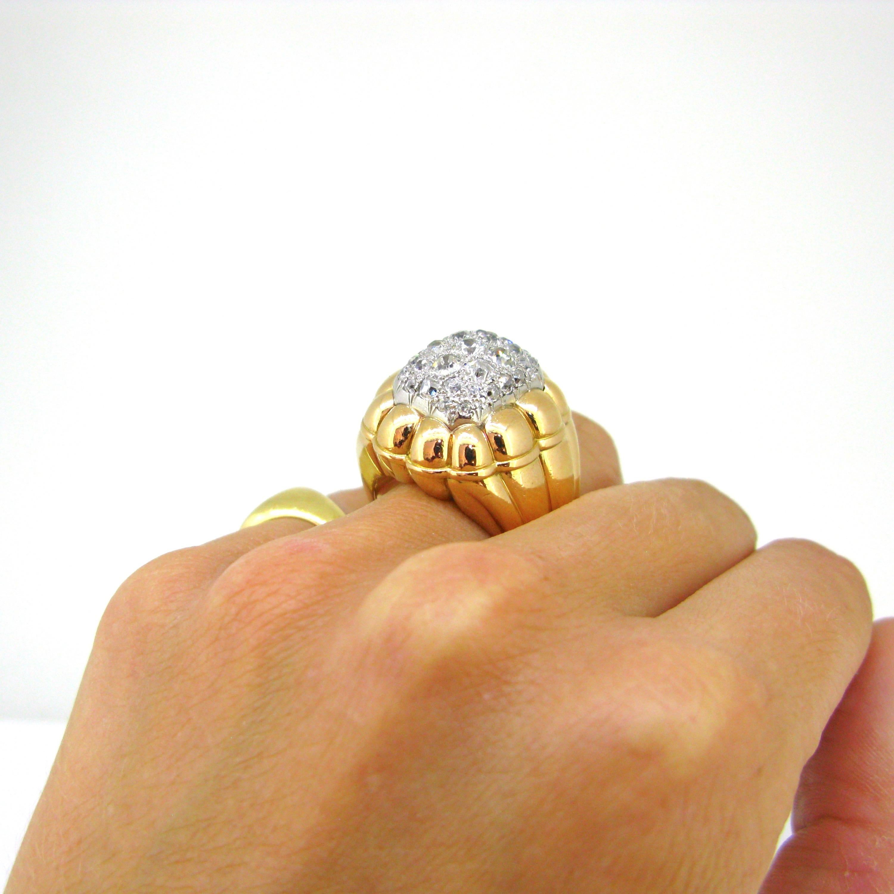 Retro Pave Diamonds Ribbed Bombe Yellow Gold Platinum Ring In Good Condition In London, GB