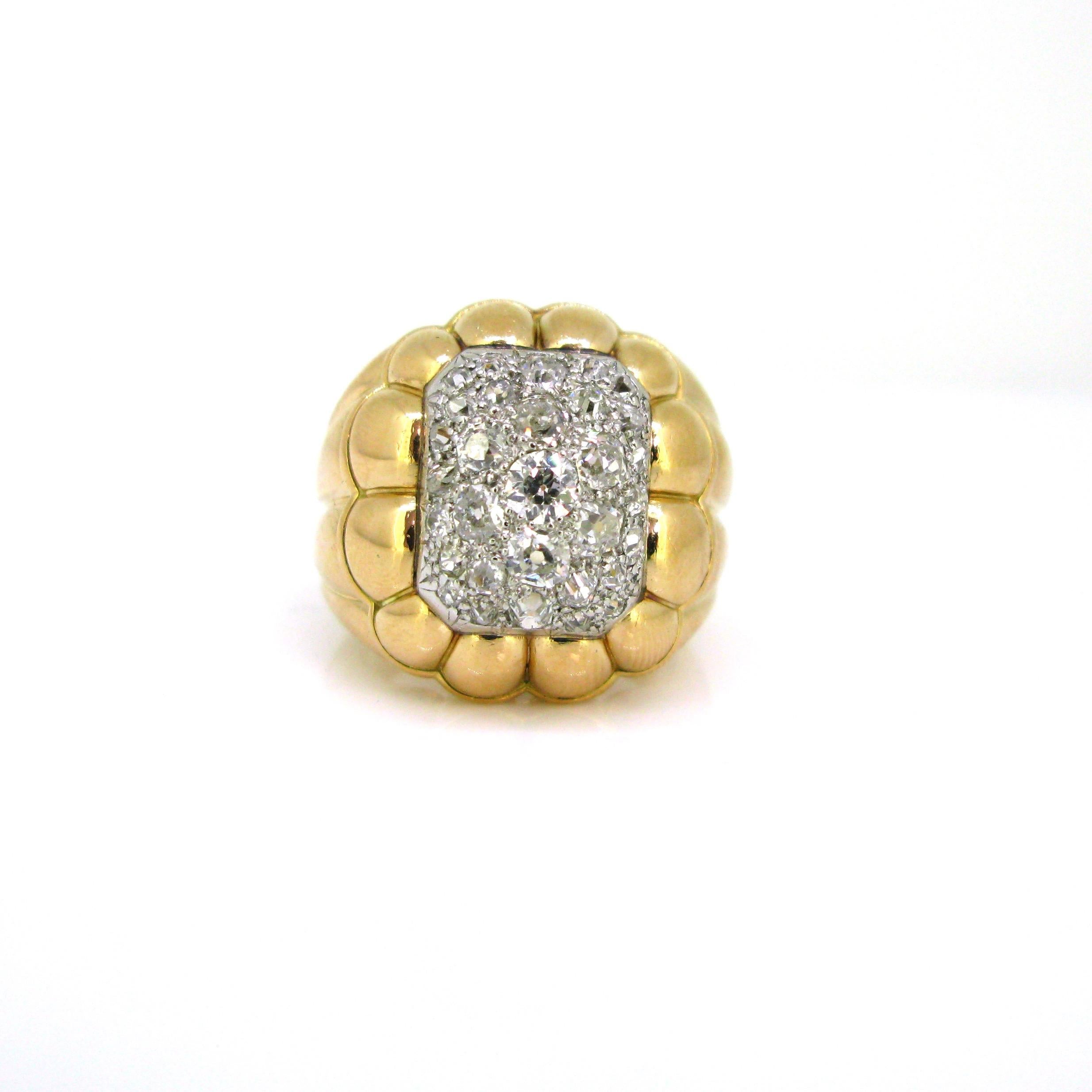 Women's or Men's Retro Pave Diamonds Ribbed Bombe Yellow Gold Platinum Ring