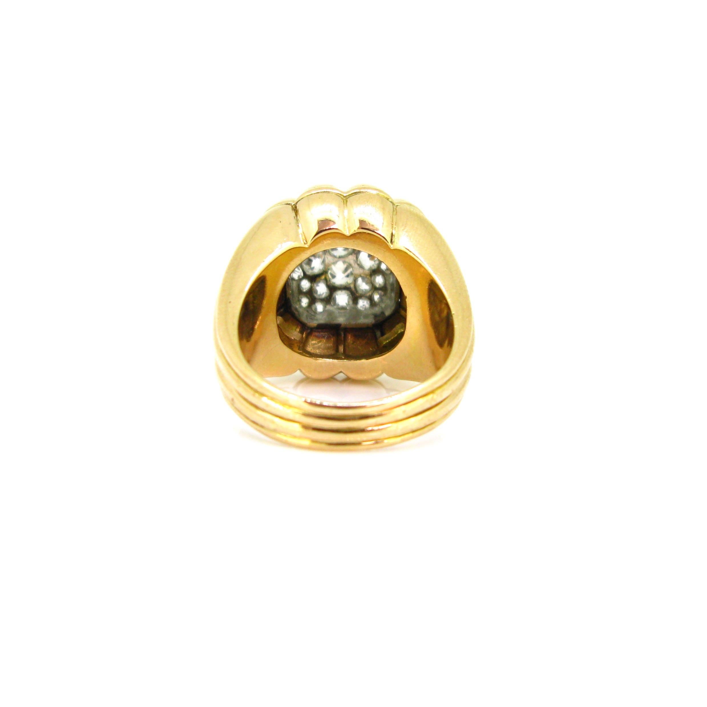 Retro Pave Diamonds Ribbed Bombe Yellow Gold Platinum Ring 2