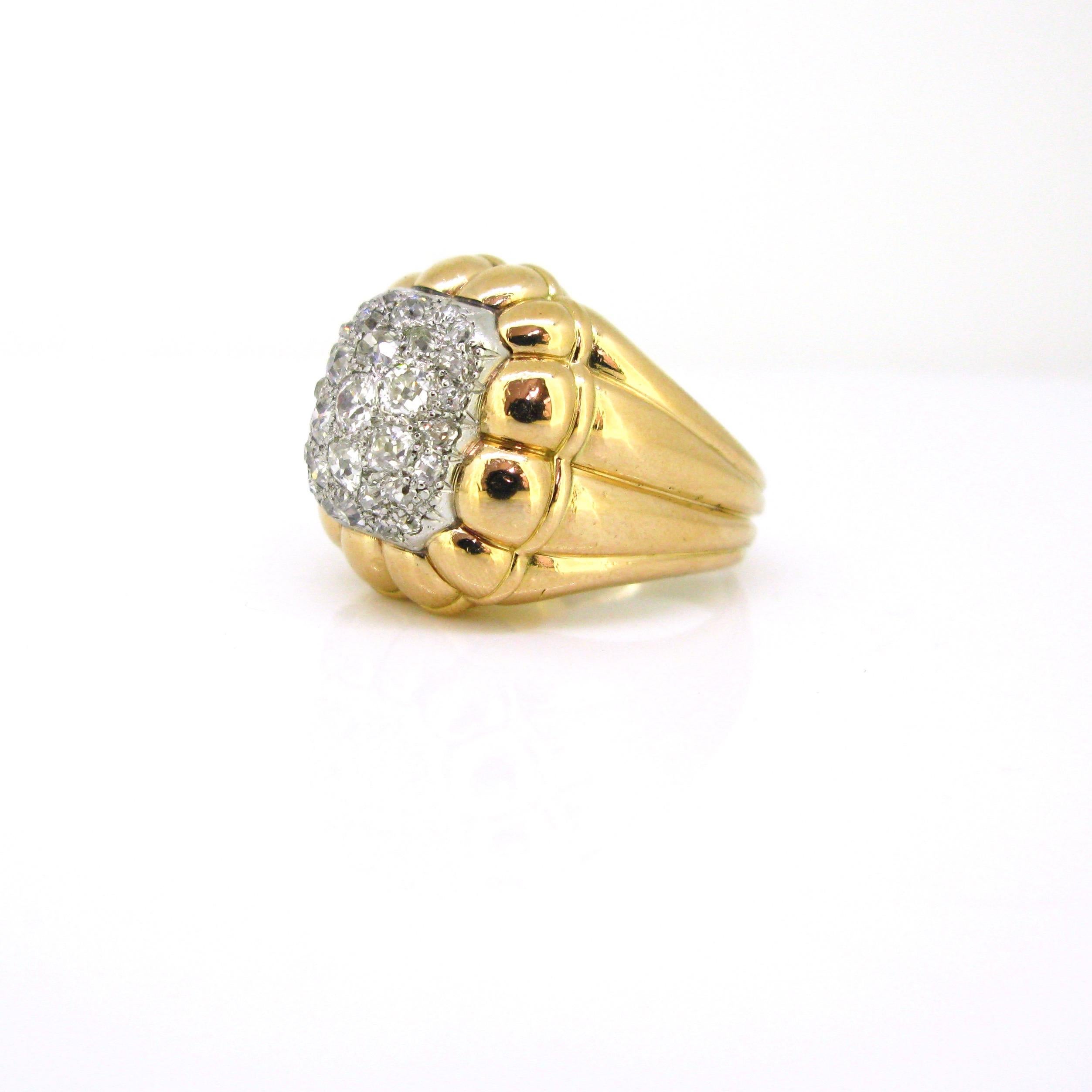 Retro Pave Diamonds Ribbed Bombe Yellow Gold Platinum Ring 3