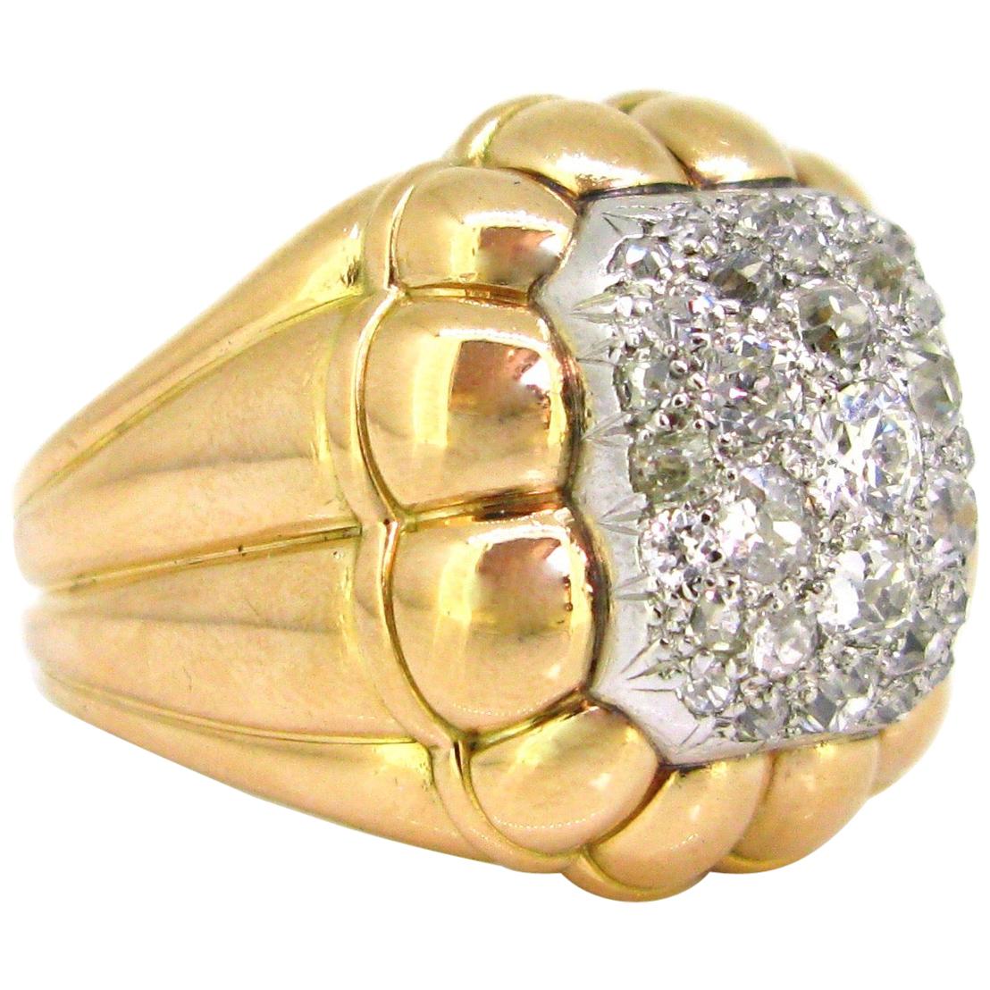 Retro Pave Diamonds Ribbed Bombe Yellow Gold Platinum Ring