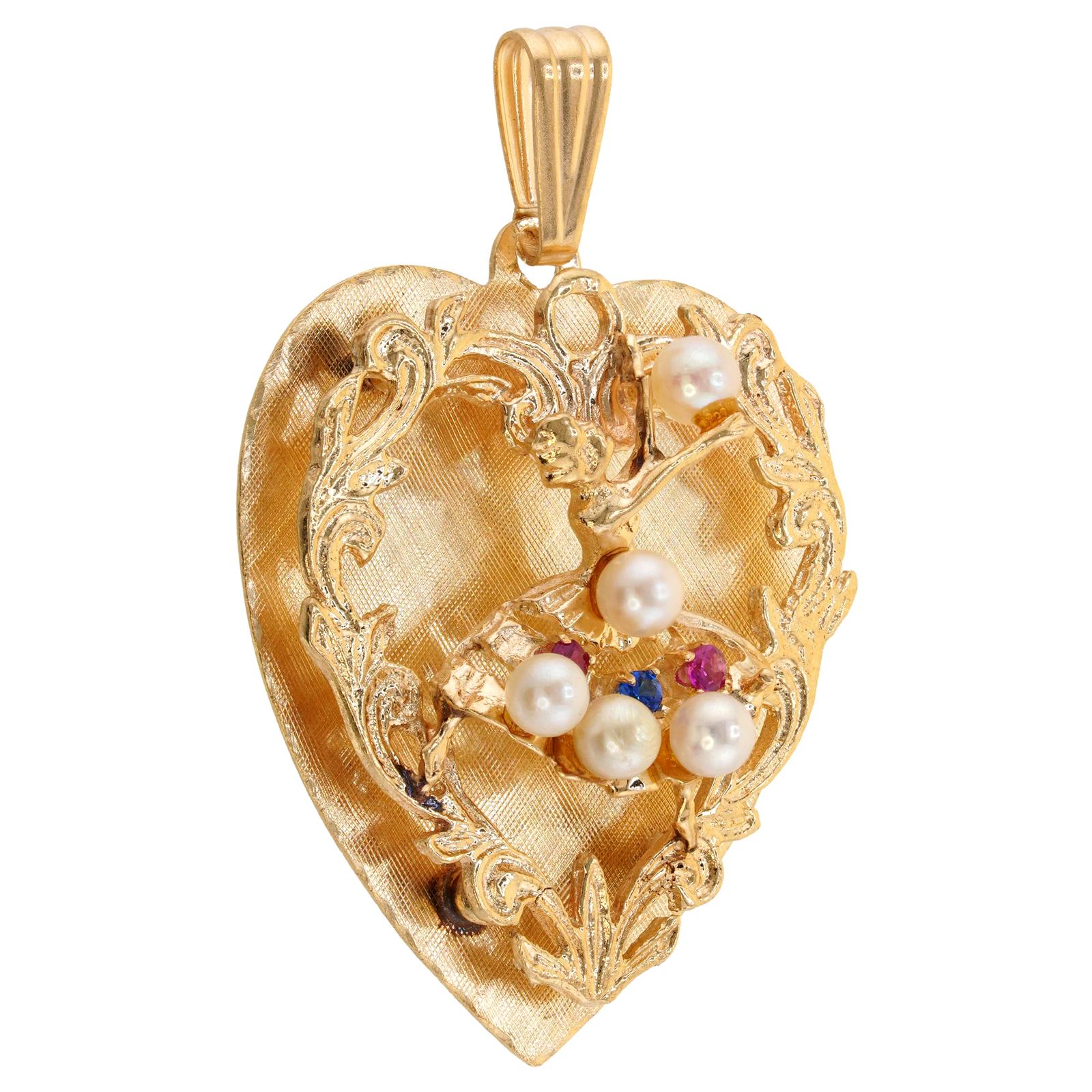Round Cut Retro Pearl 14k Yellow Gold Ballerina Heart Pendant For Sale