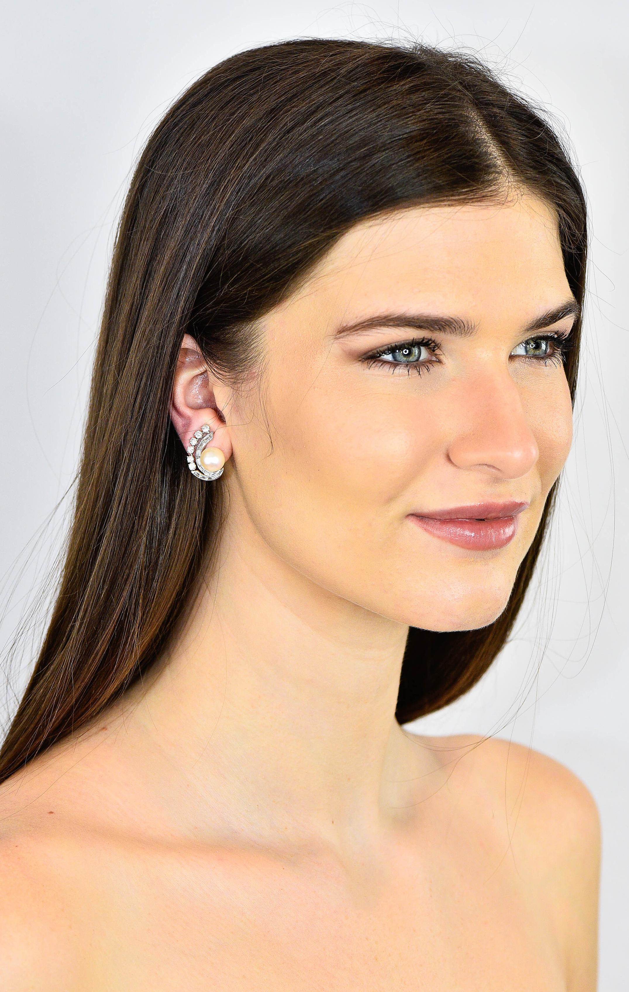 Retro Pearl 1.78 Carat Diamond Platinum Ear-Clip Earrings 3