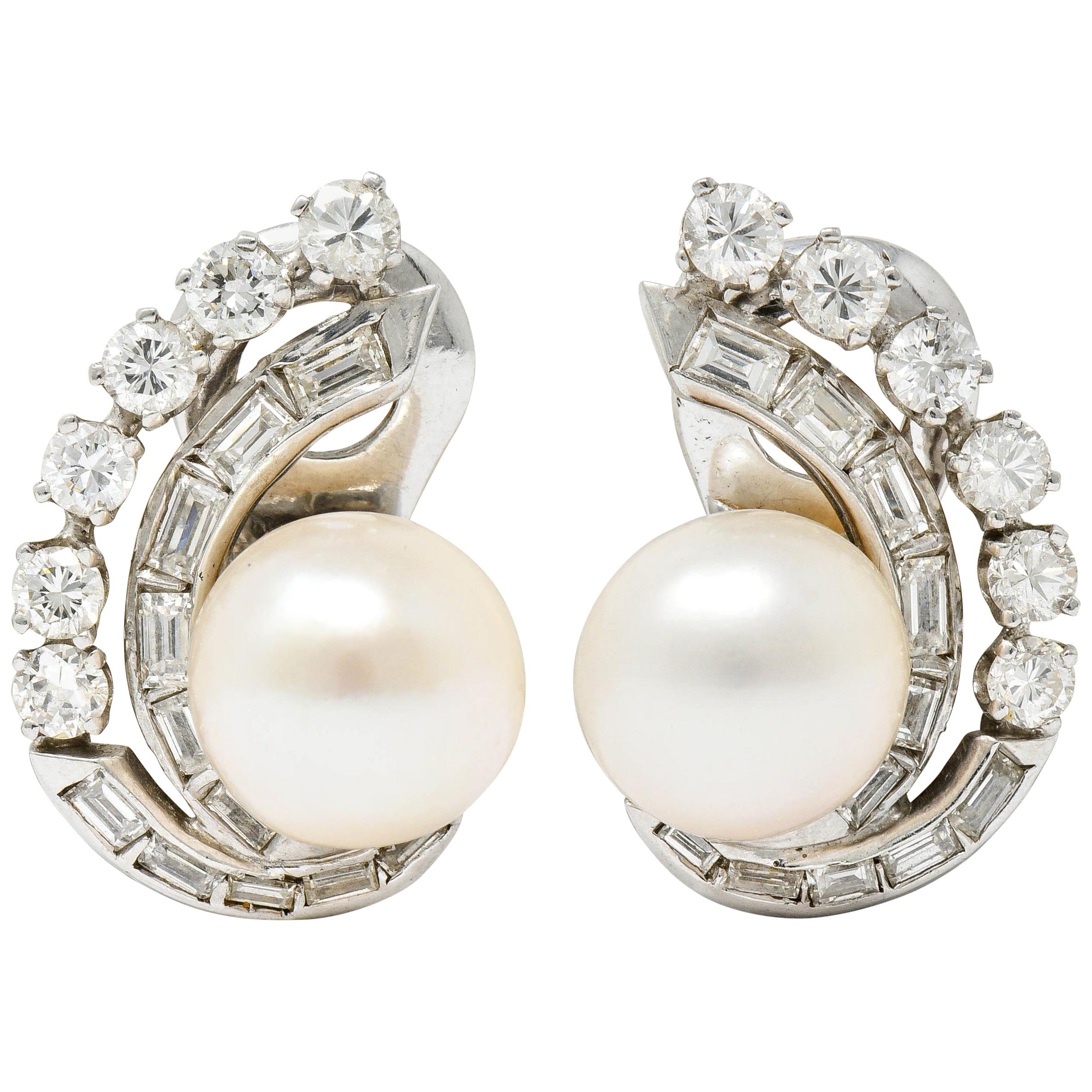 Retro Pearl 1.78 Carat Diamond Platinum Ear-Clip Earrings