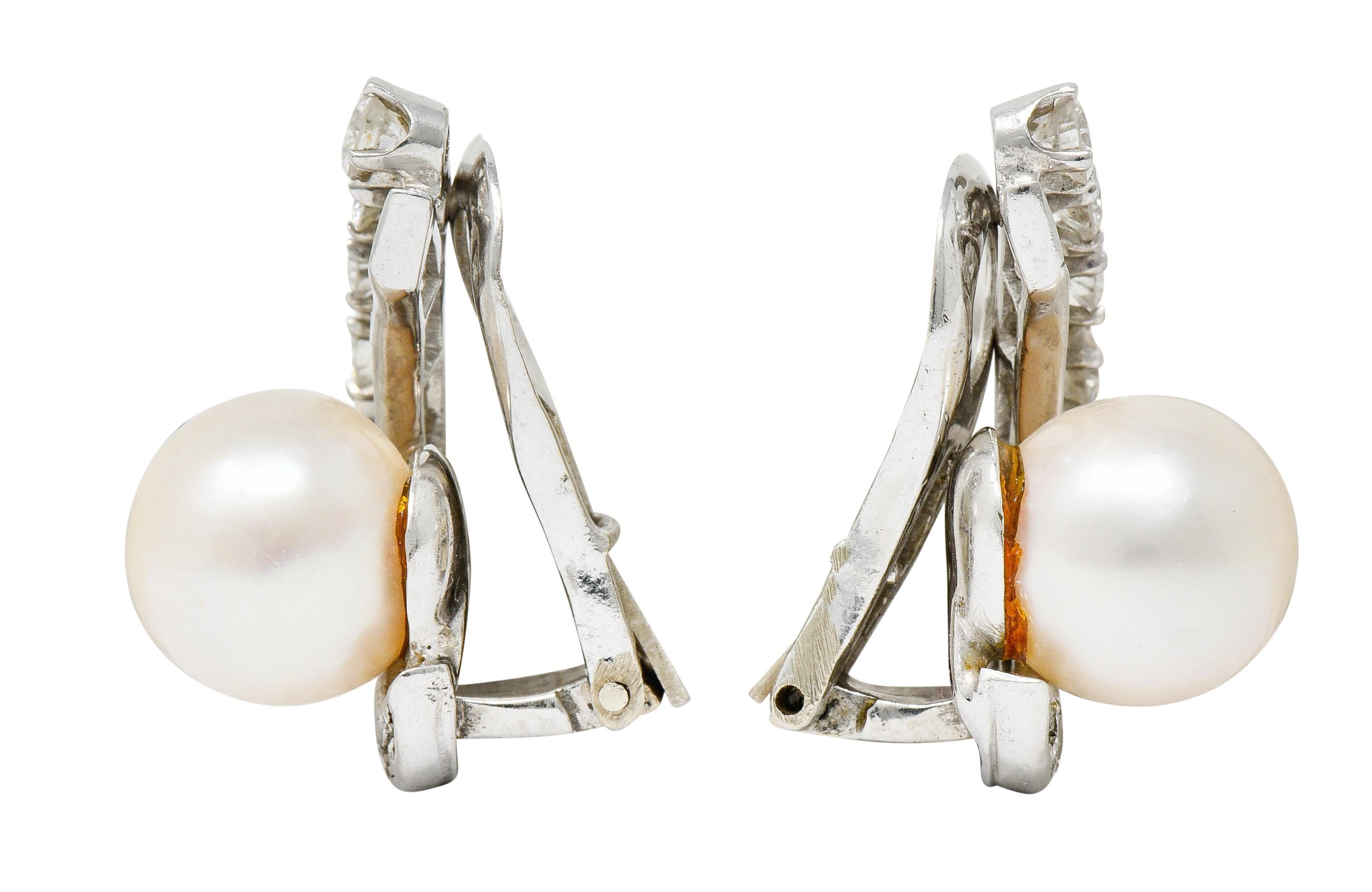 Brilliant Cut Retro Pearl 1.78 Carat Diamond Platinum Ear-Clip Earrings