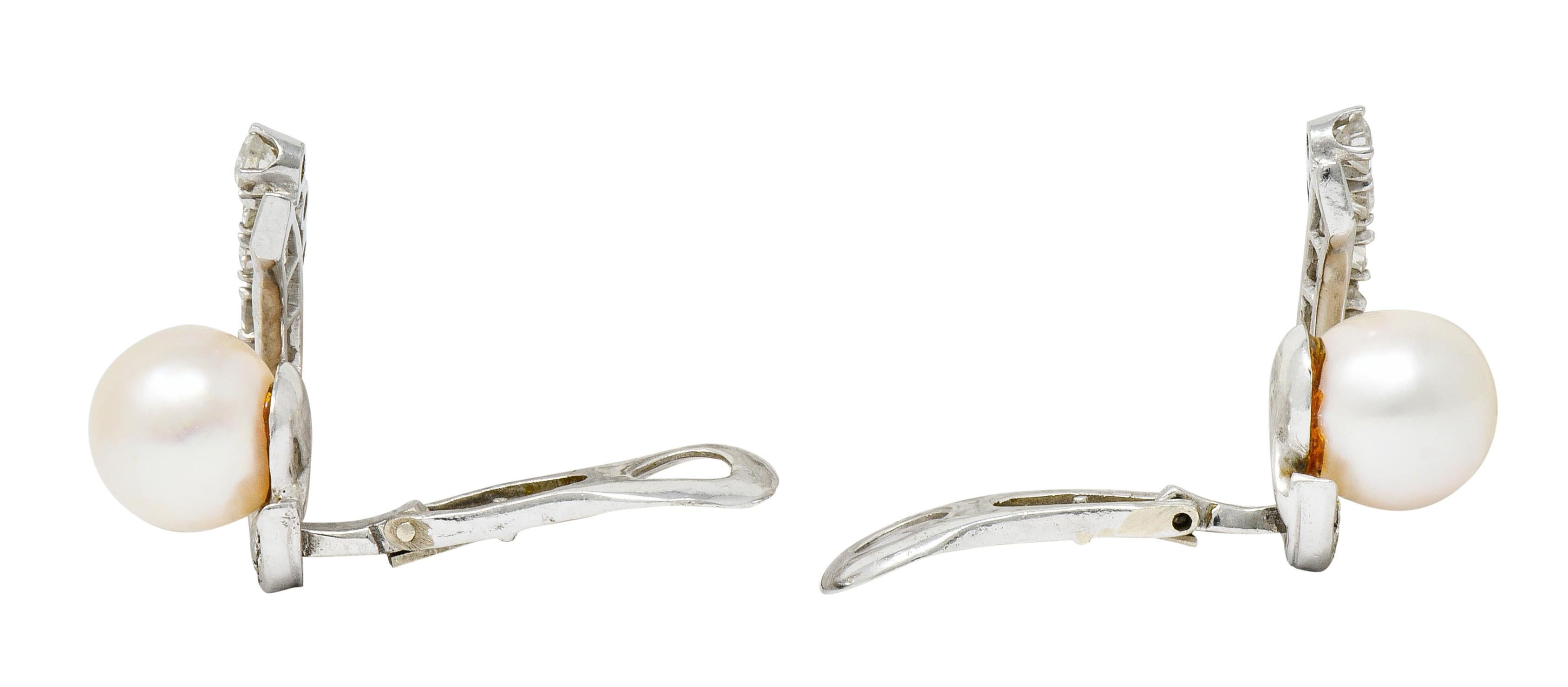 Retro Pearl 1.78 Carat Diamond Platinum Ear-Clip Earrings In Excellent Condition In Philadelphia, PA