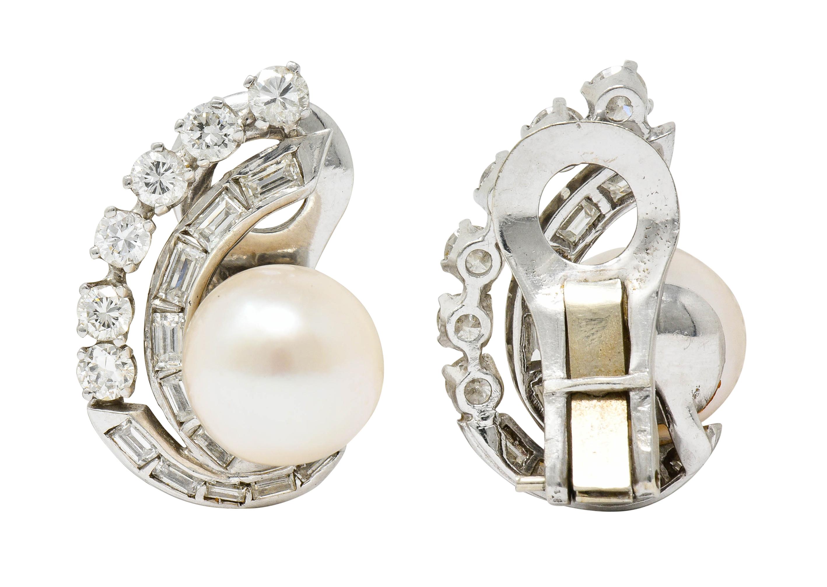 Women's or Men's Retro Pearl 1.78 Carat Diamond Platinum Ear-Clip Earrings