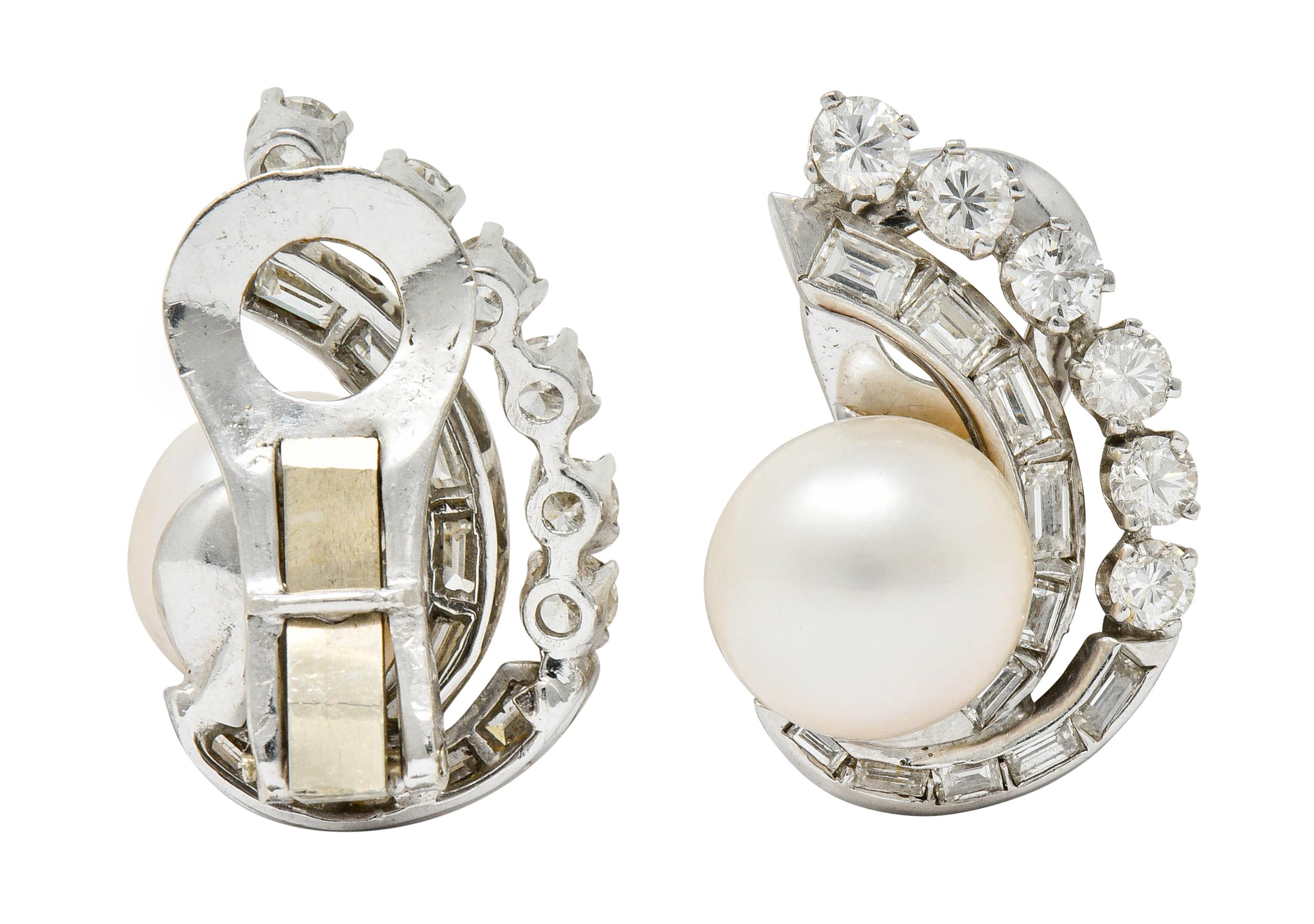 Retro Pearl 1.78 Carat Diamond Platinum Ear-Clip Earrings 1