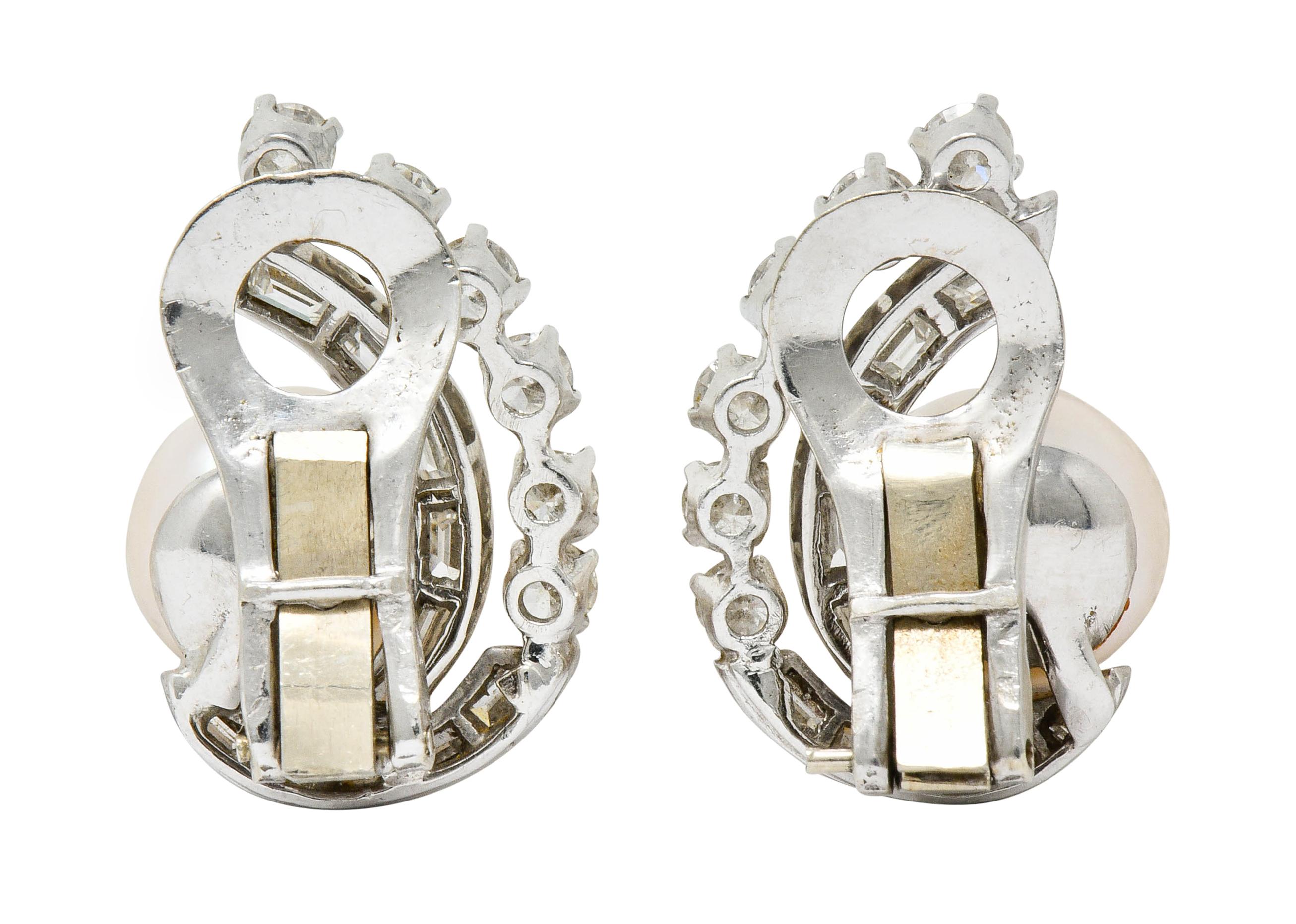 Retro Pearl 1.78 Carat Diamond Platinum Ear-Clip Earrings 2