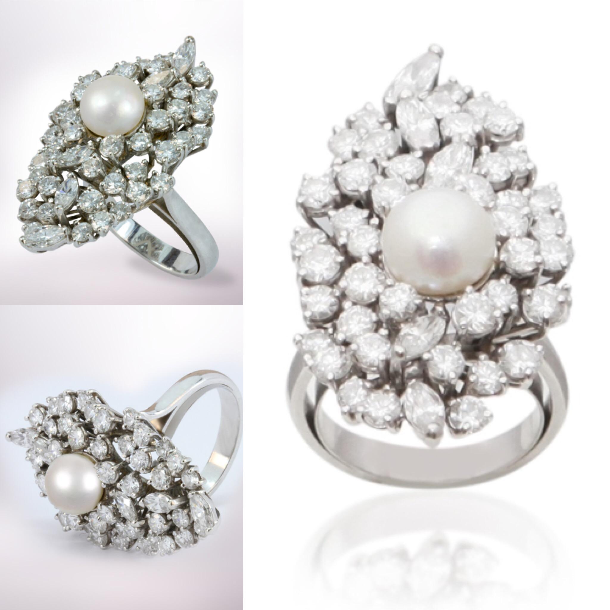 Women's Retro Pearl 4.60 Diamonds 18 Karat White Gold Marquise Cocktail Ring