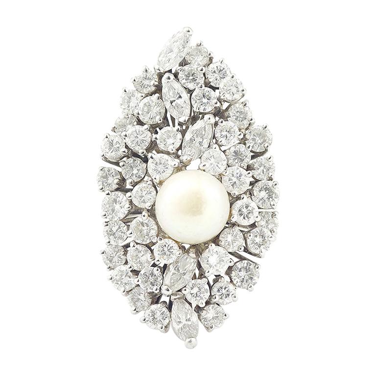 Retro Pearl 4.60 Diamonds 18 Karat White Gold Marquise Cocktail Ring