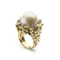 Retro Pearl and Diamond Gold Bombé Ring, circa 1975
