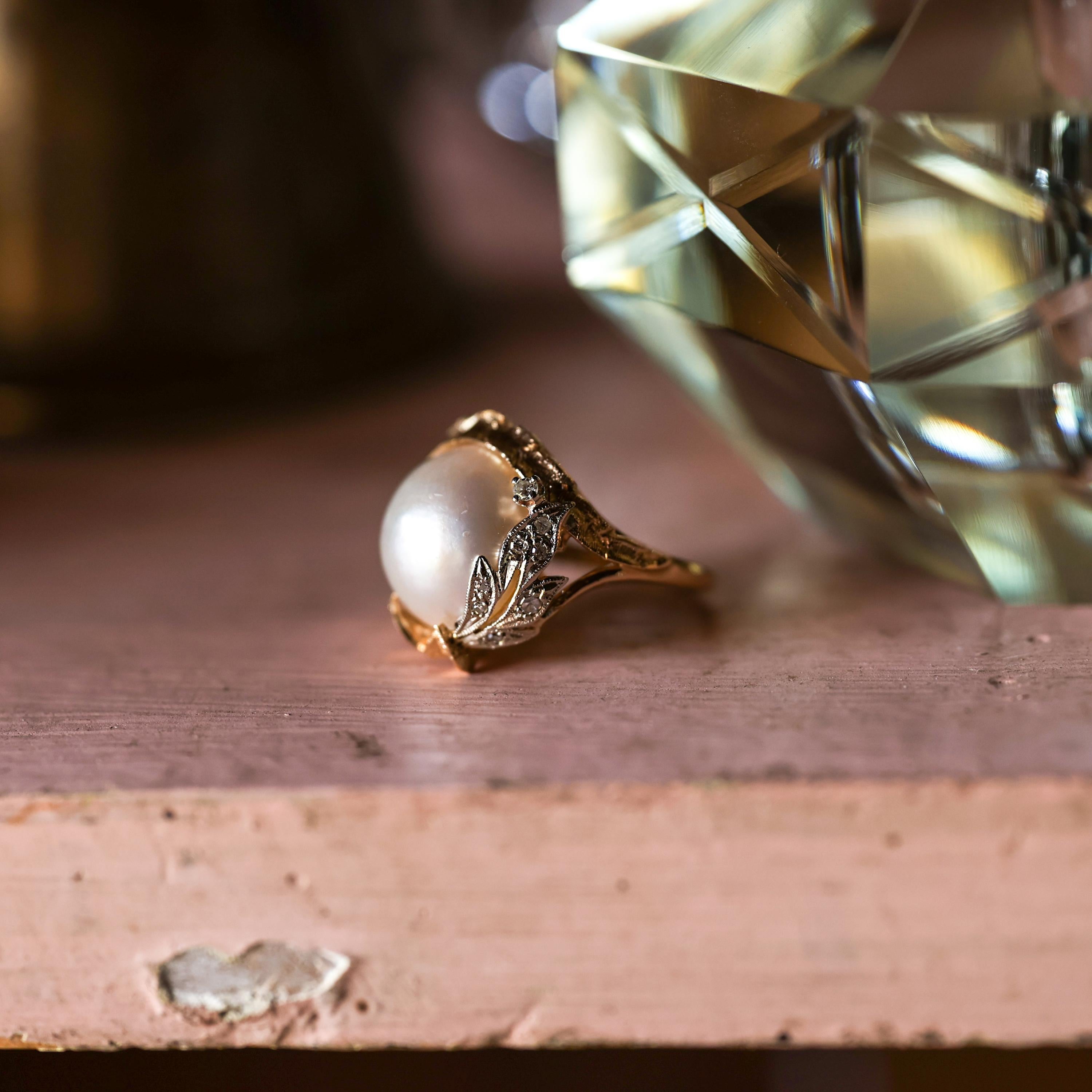 Uncut Retro Pearl and Diamond Ring by Harold Freeman